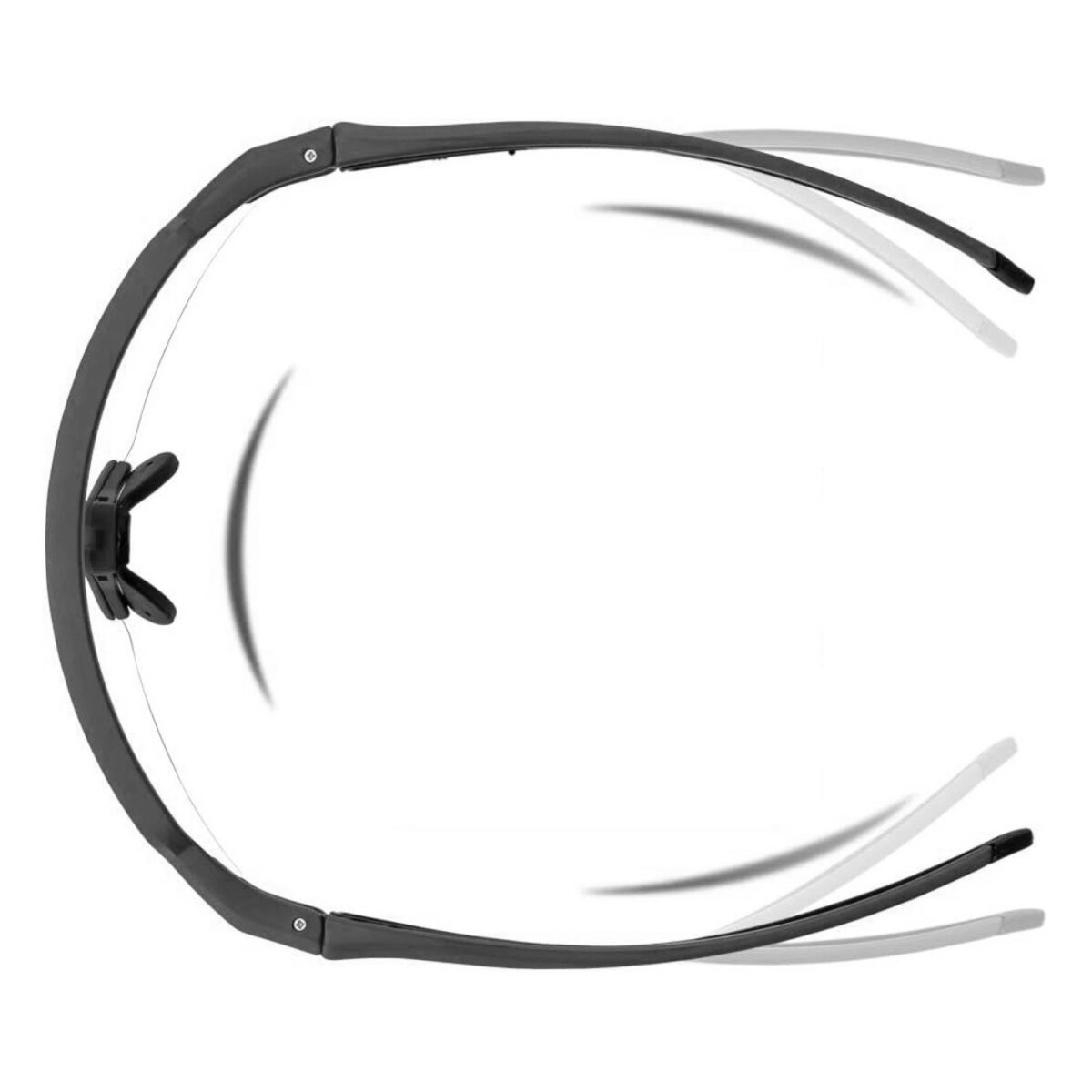 Draufsicht auf eine schwarze randlose Brille mit weißen Bügeln.