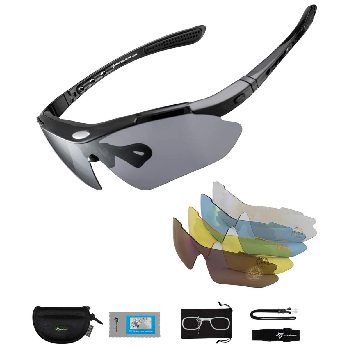 Sonnenbrille mit austauschbaren Gläsern und Zubehör. Schwarzer Rahmen, graue Gläser und mehrere farbige Gläser.