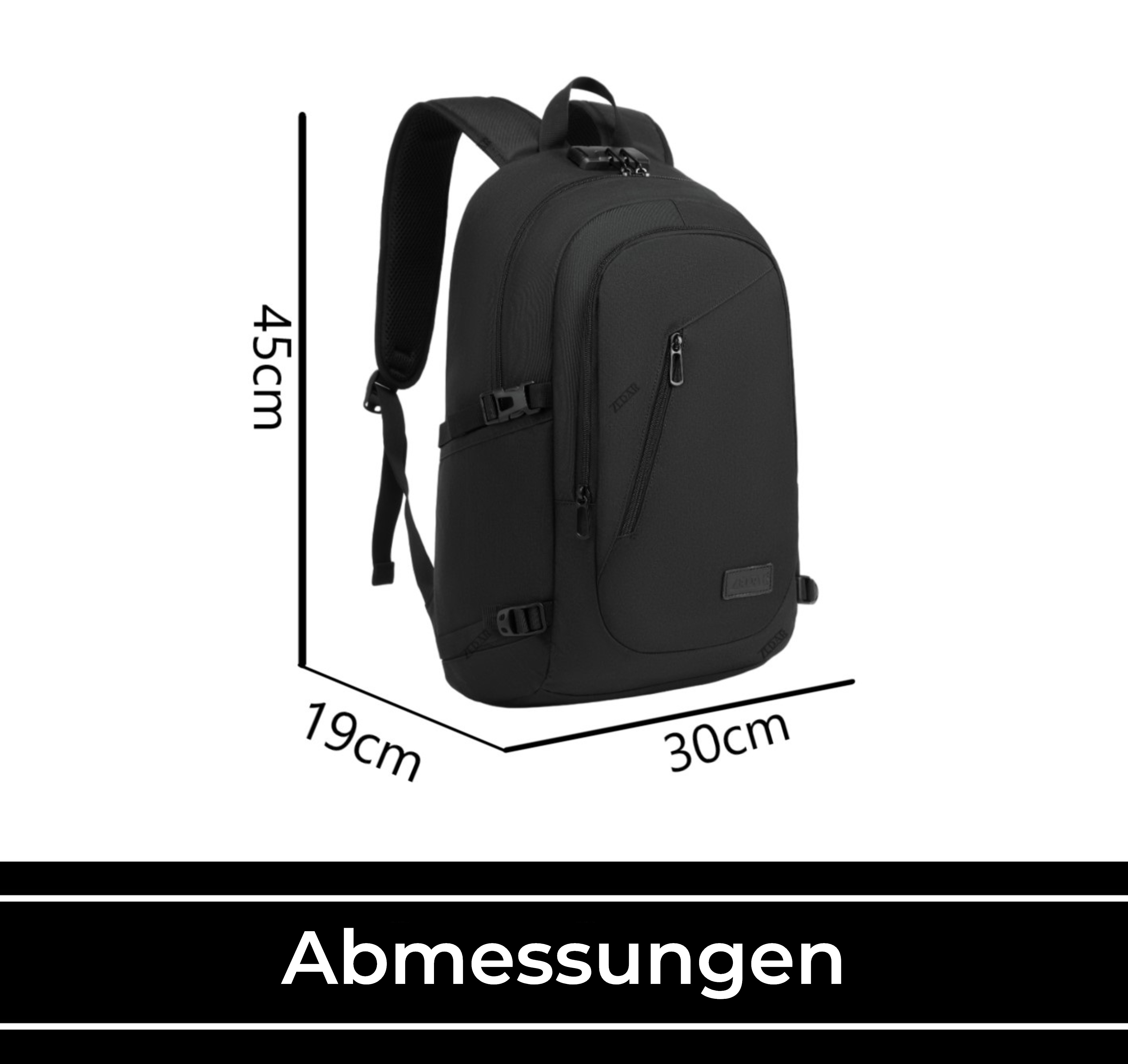 Schwarzer Rucksack mit angegebenen Abmessungen: 19 cm x 30 cm x 45 cm, mit Text 'ABMESSUNGEN'.