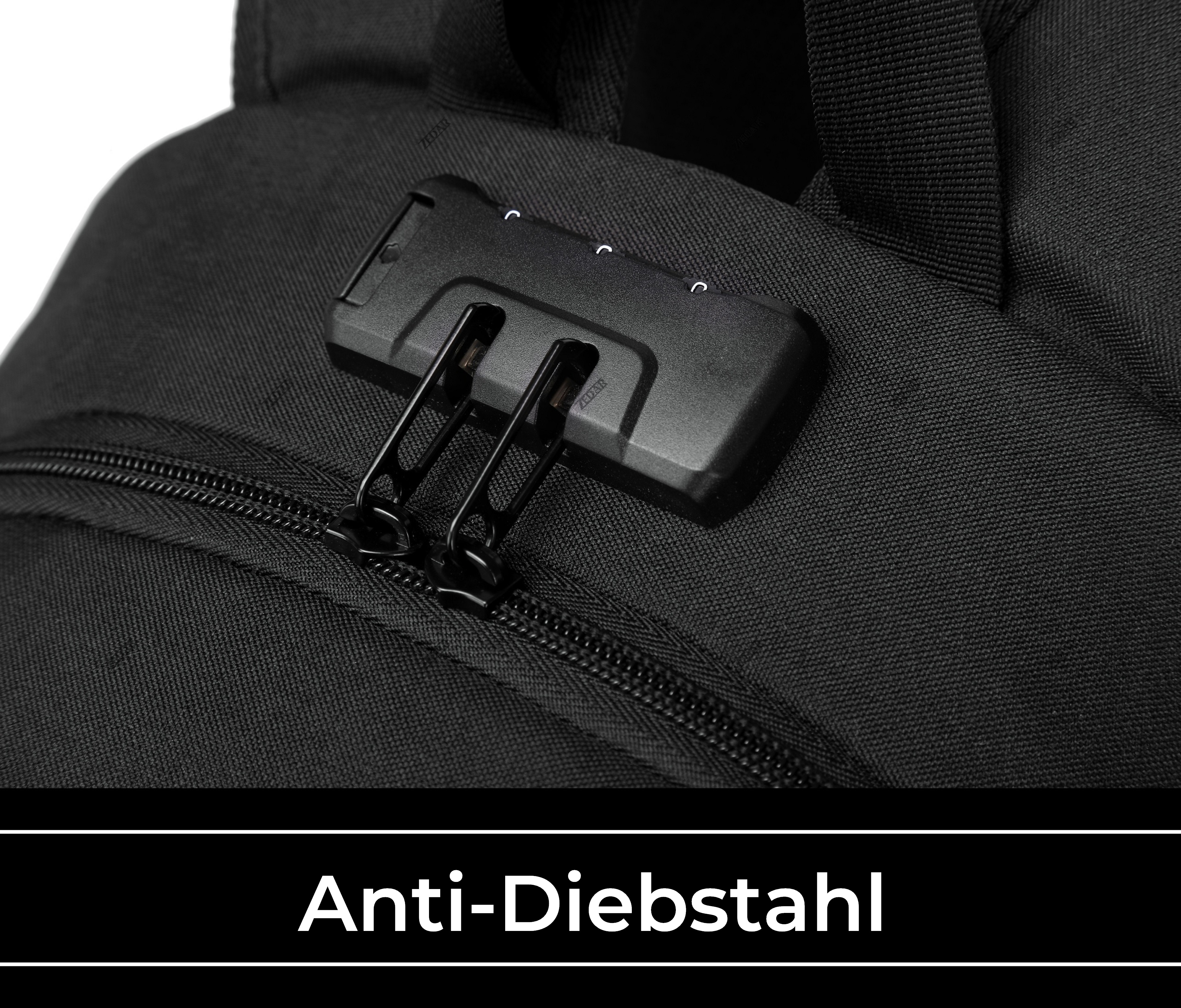 Ein schwarzer Rucksack mit Zahlenschloss. Der Text 'Anti-Diebstahl' steht weiß am unteren Rand.