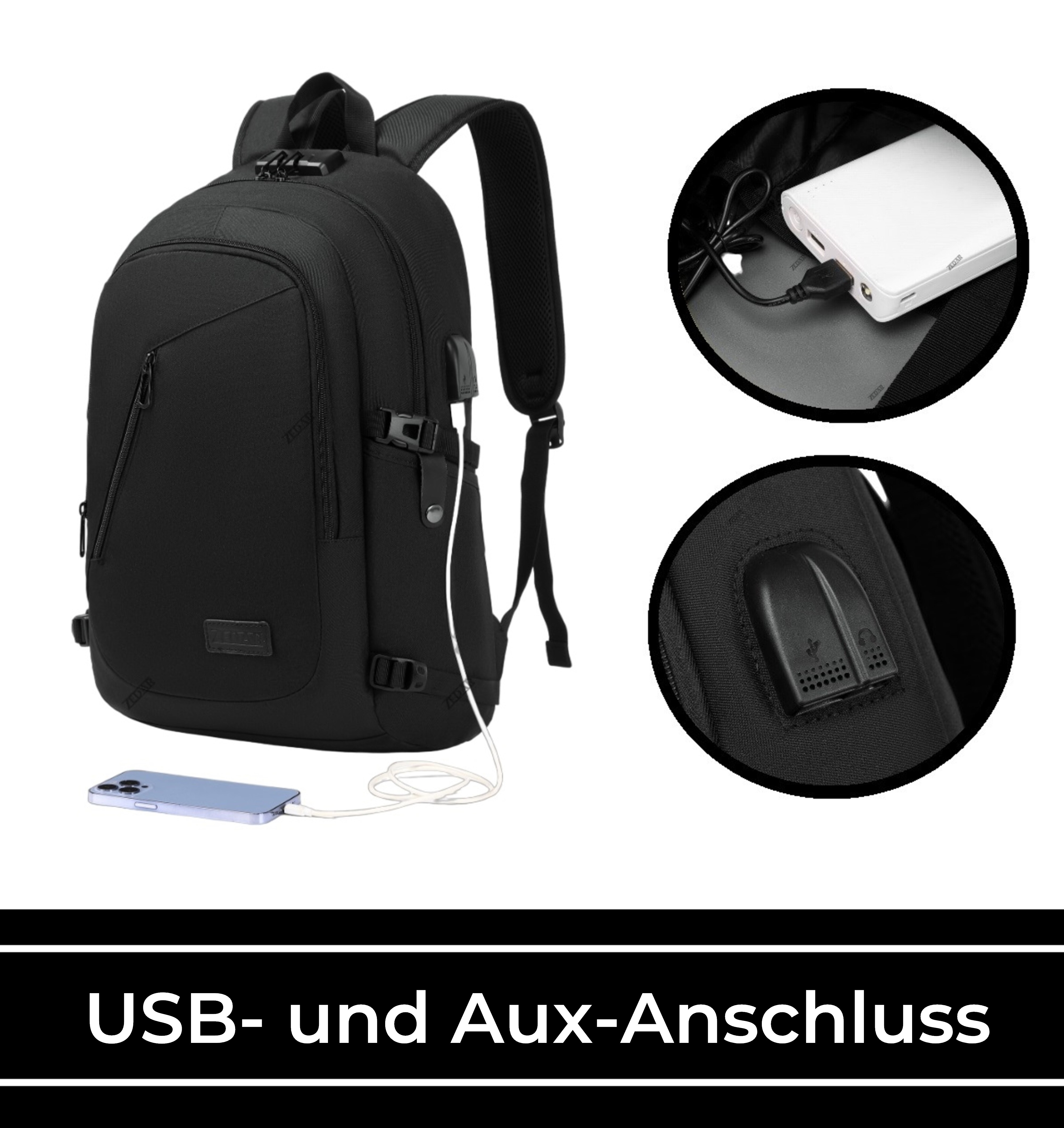 Ein schwarzer Rucksack mit USB-Anschluss und einem daran angeschlossenen Telefon.