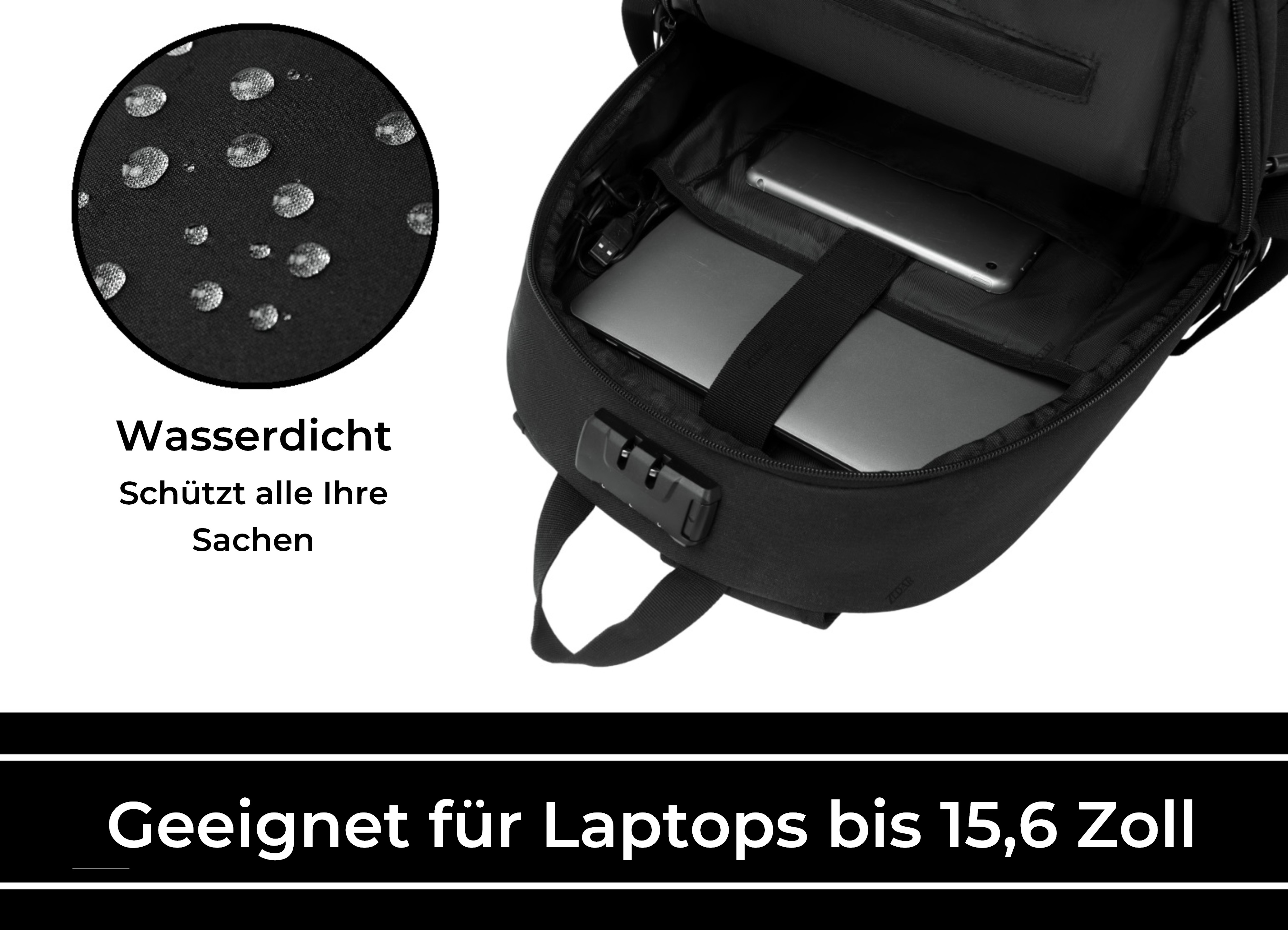 Schwarzer Rucksack mit Laptop, mit Wassertropfen und Text über Wasserbeständigkeit.