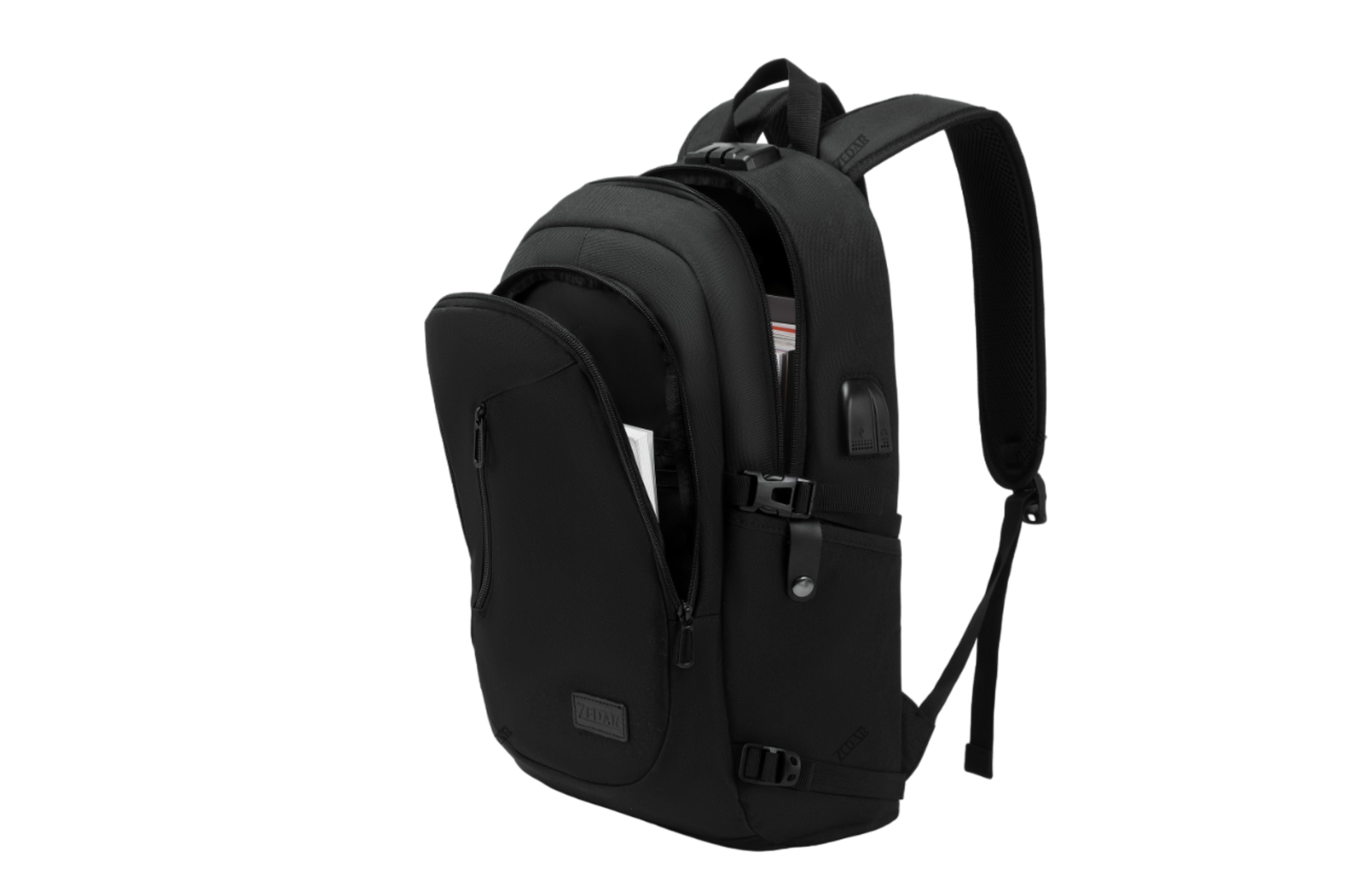 Schwarzer Rucksack mit offener Tasche, Inhalt sichtbar.