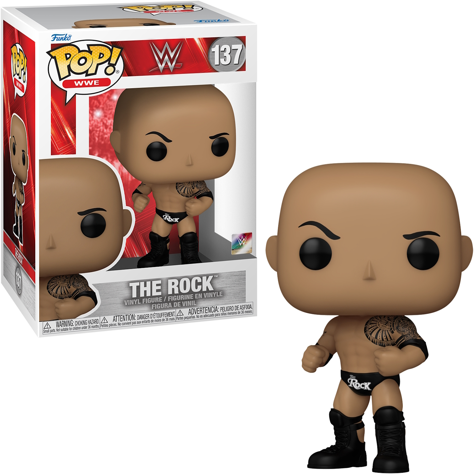 Figura Funko Pop de The Rock de la WWE en caja. The Rock en atuendo de lucha libre.