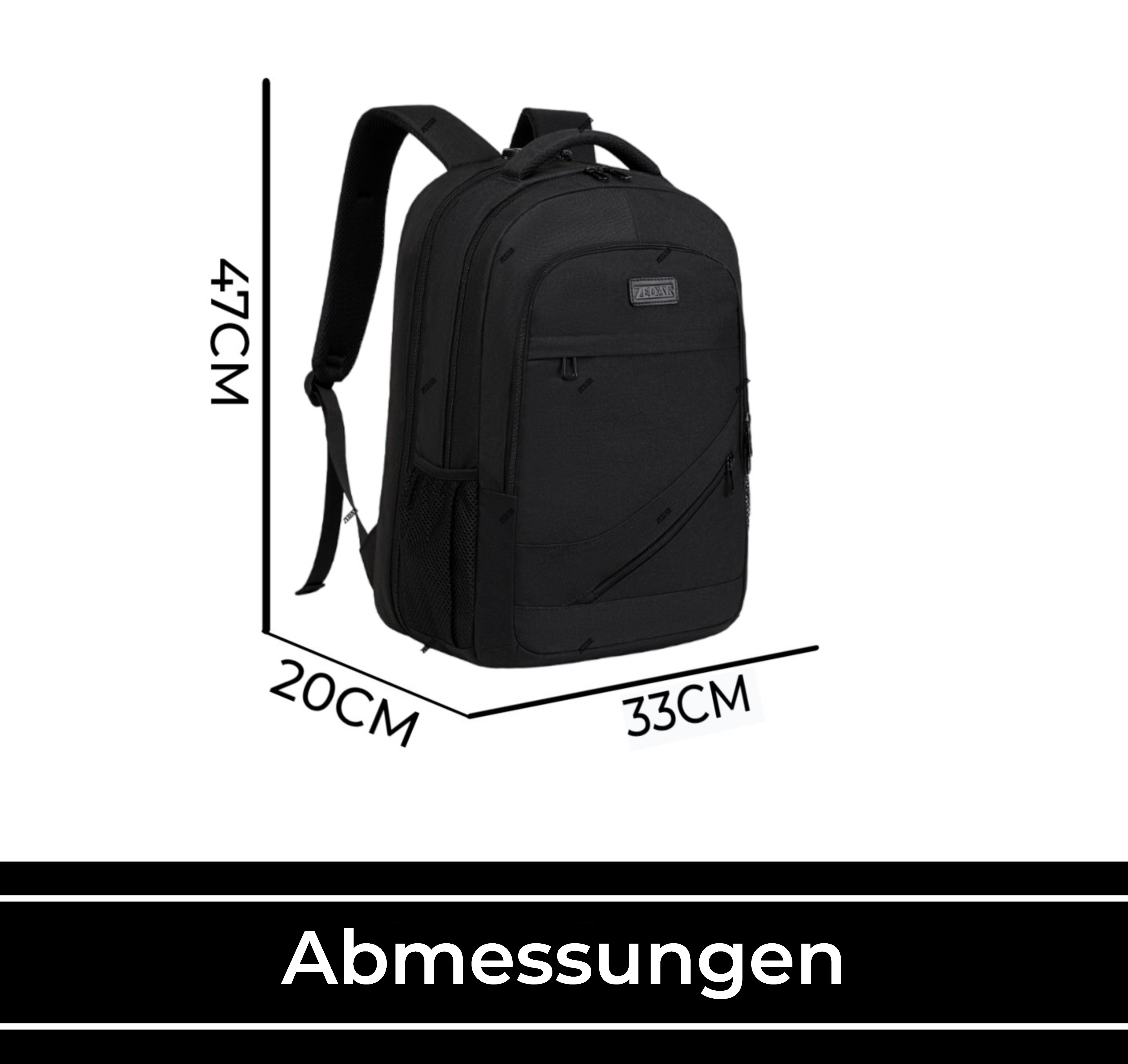 Schwarzer Rucksack mit Maßangaben: 47 cm hoch, 20 cm breit und 33 cm lang.