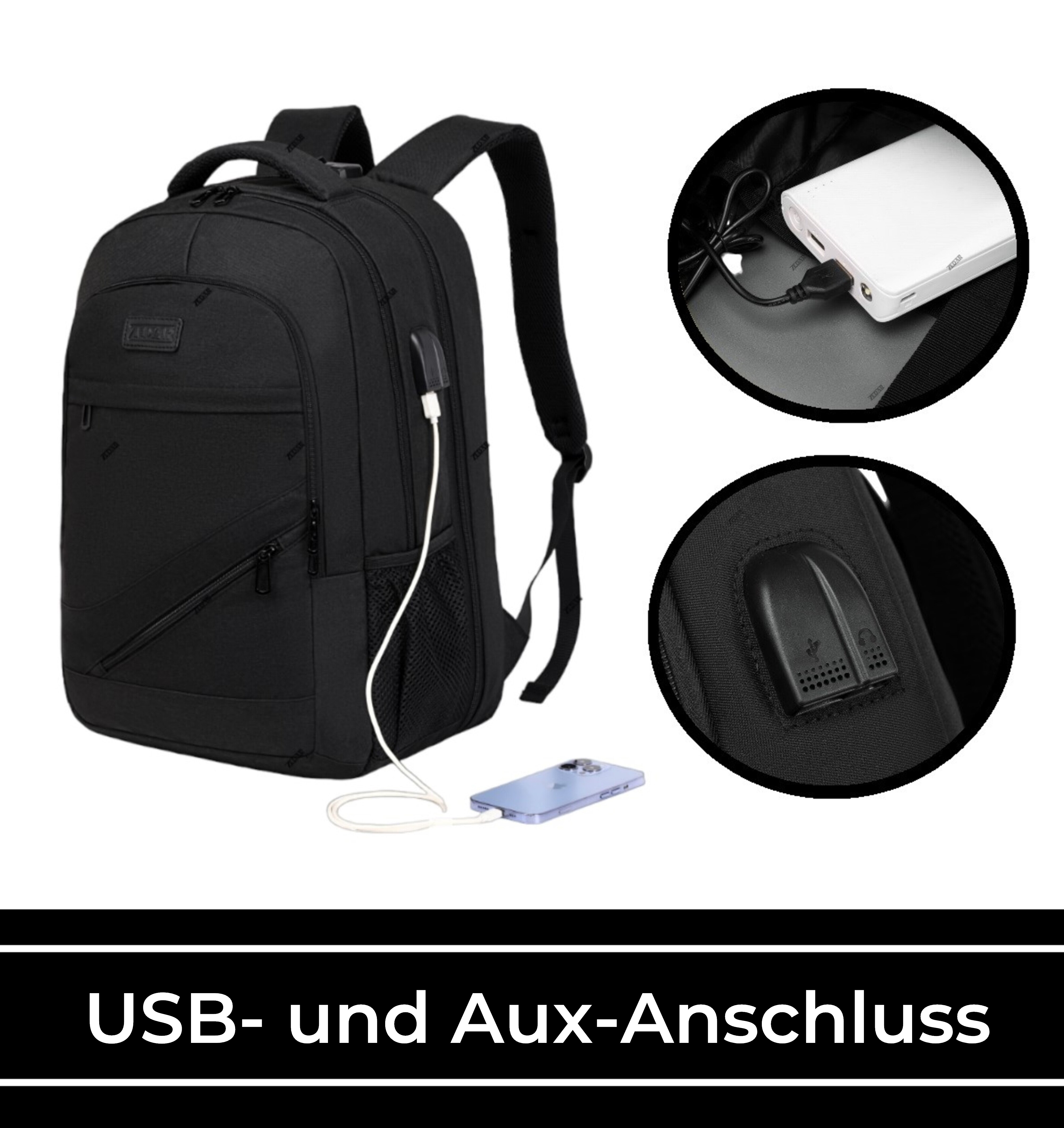 Schwarzer Rucksack mit USB- und AUX-Anschlüssen, mit Detailaufnahmen und Telefon.