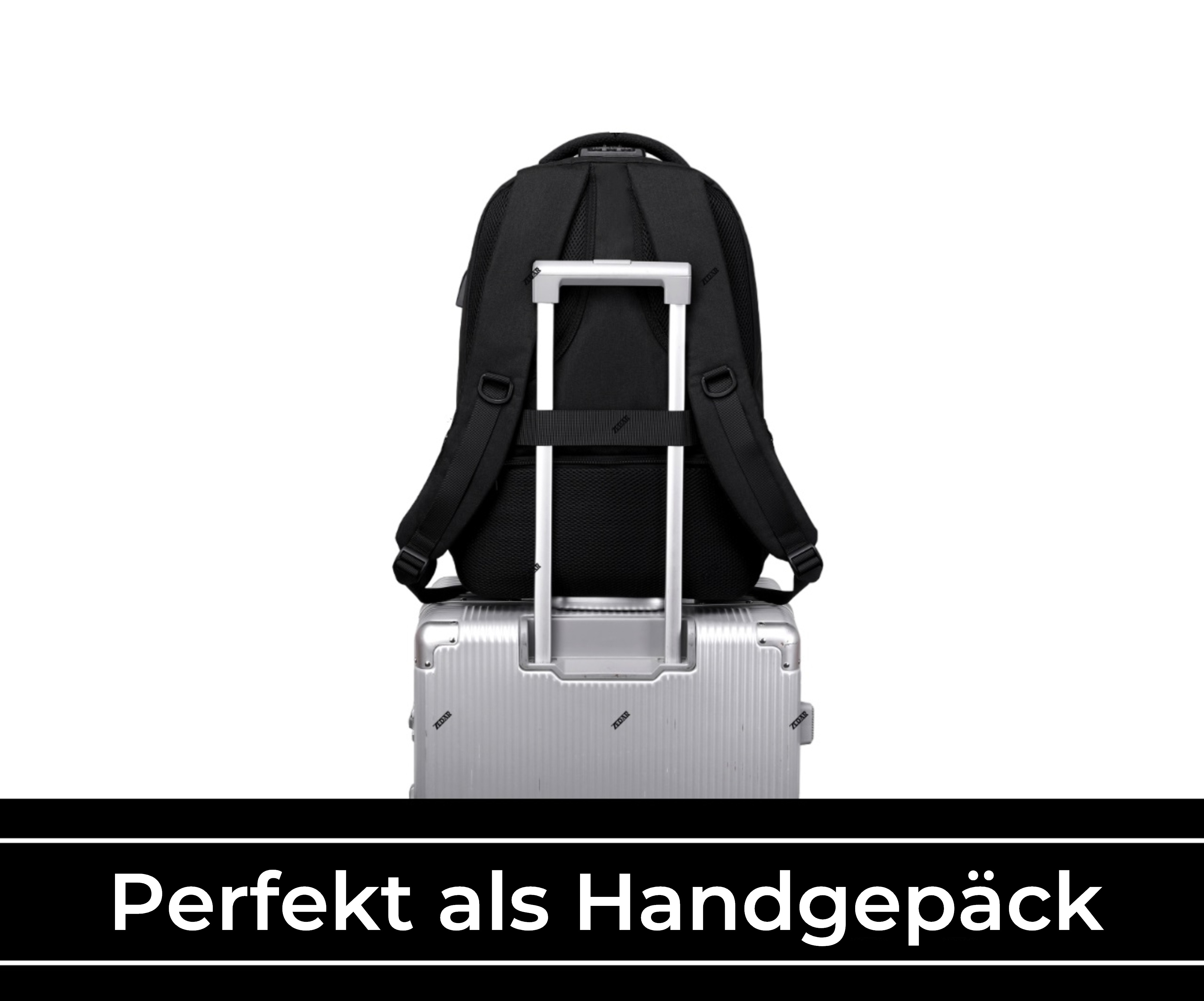 Ein schwarzer Rucksack liegt auf einem silbernen Koffer. Der Text 'Perfect als Handgepäck' steht unten.