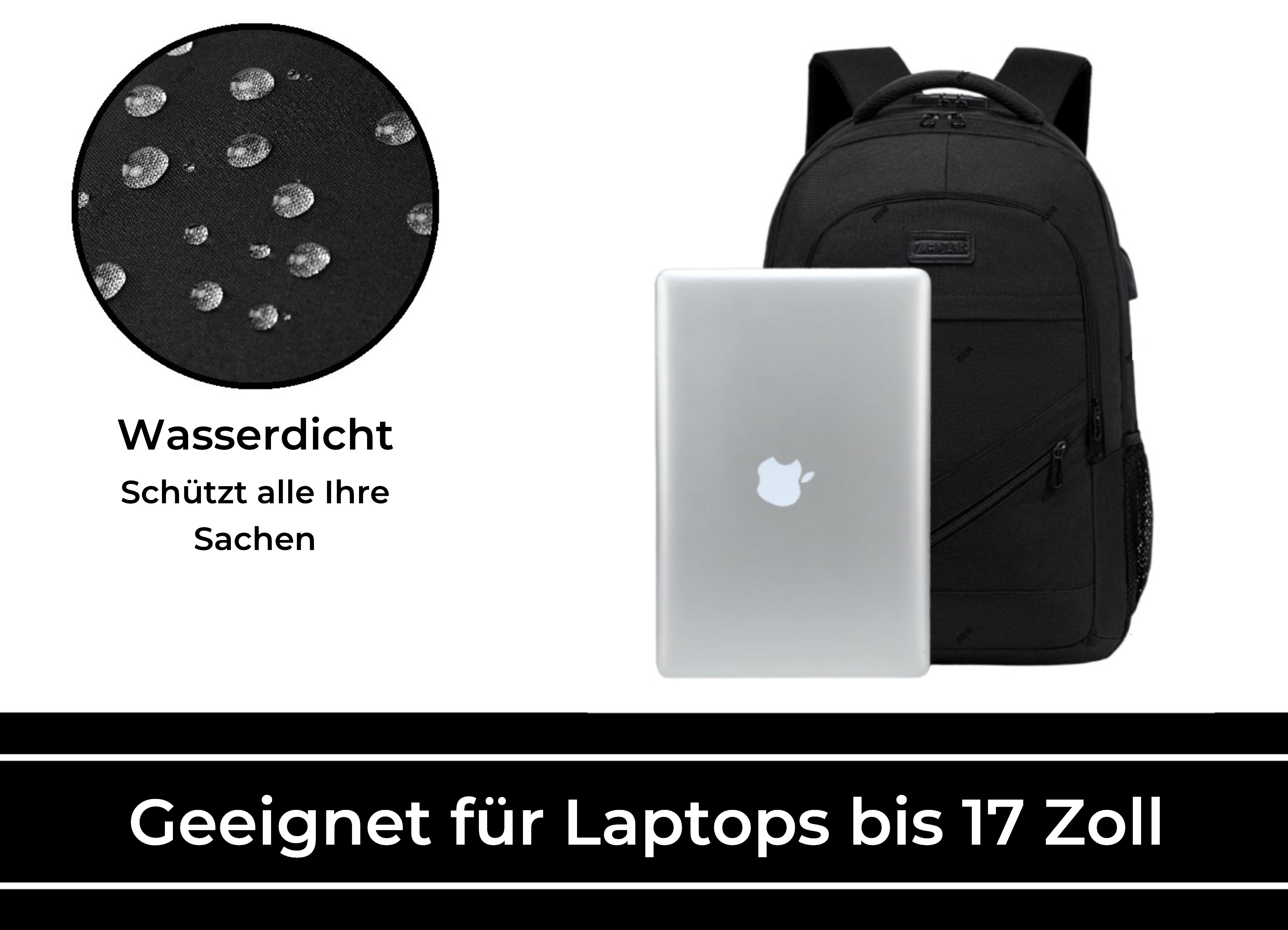 Schwarzer wasserdichter Rucksack mit Laptop und Wassertropfen. Text: geeignet für Laptops bis 17 Zoll.