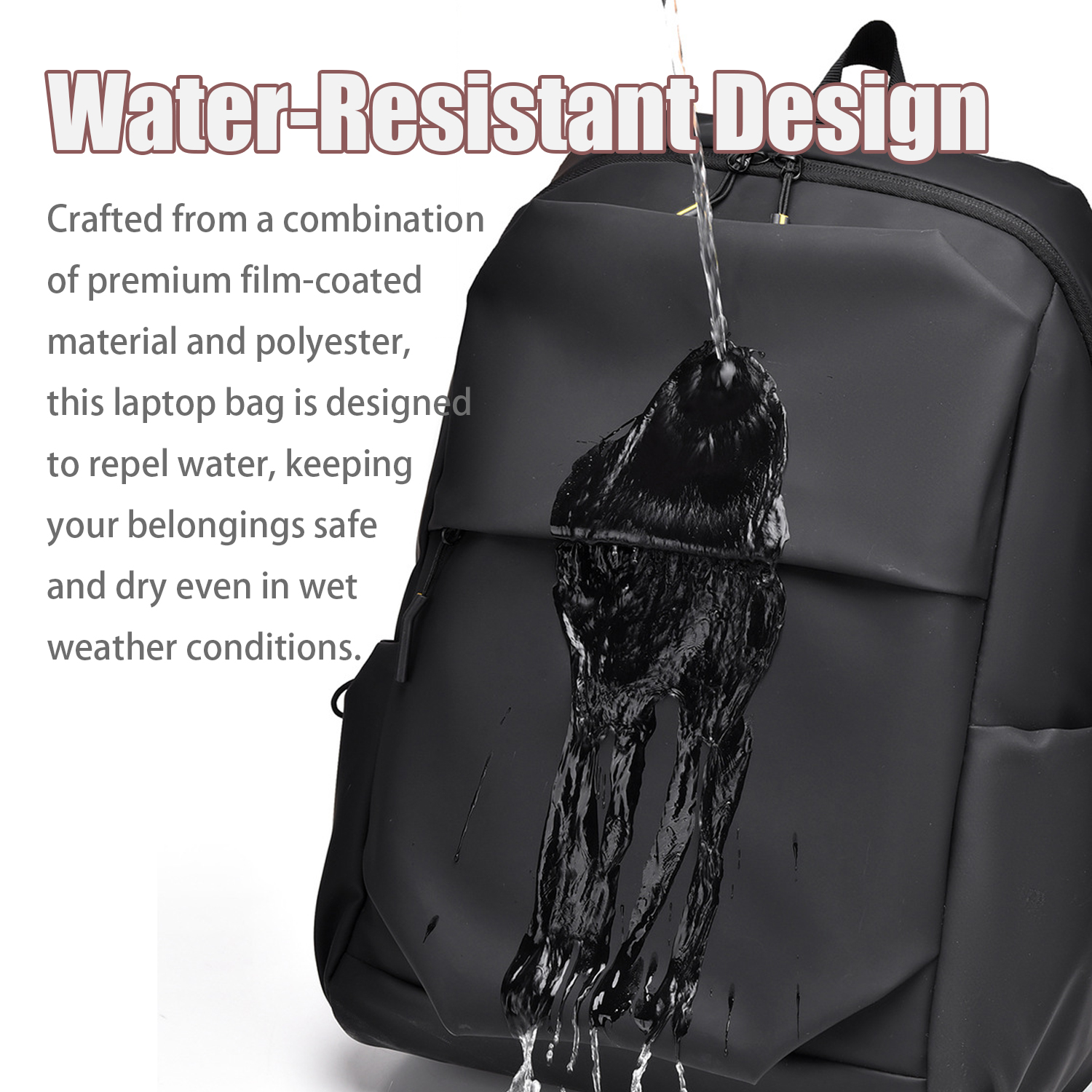 Ein schwarzer, wasserabweisender Laptop-Rucksack aus filmbeschichtetem Material und Polyester.