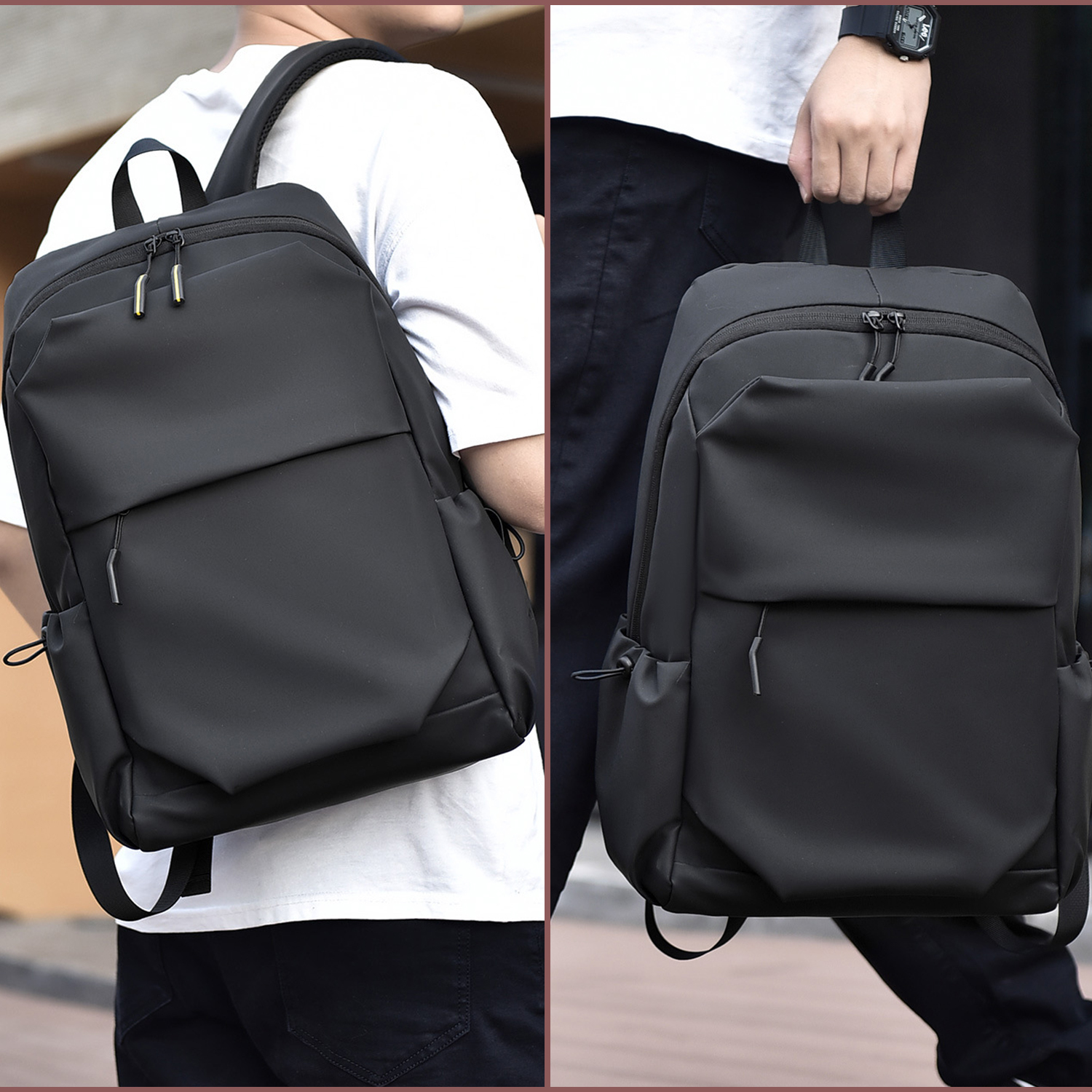 Zwei Bilder mit einem schwarzen Rucksack mit Vordertasche und gepolsterten Trägern.