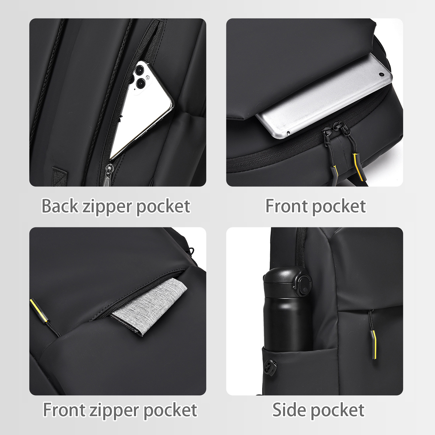 Vier Bilder zeigen Taschen eines schwarzen Rucksacks. Inklusive Front- und Seitentaschen.