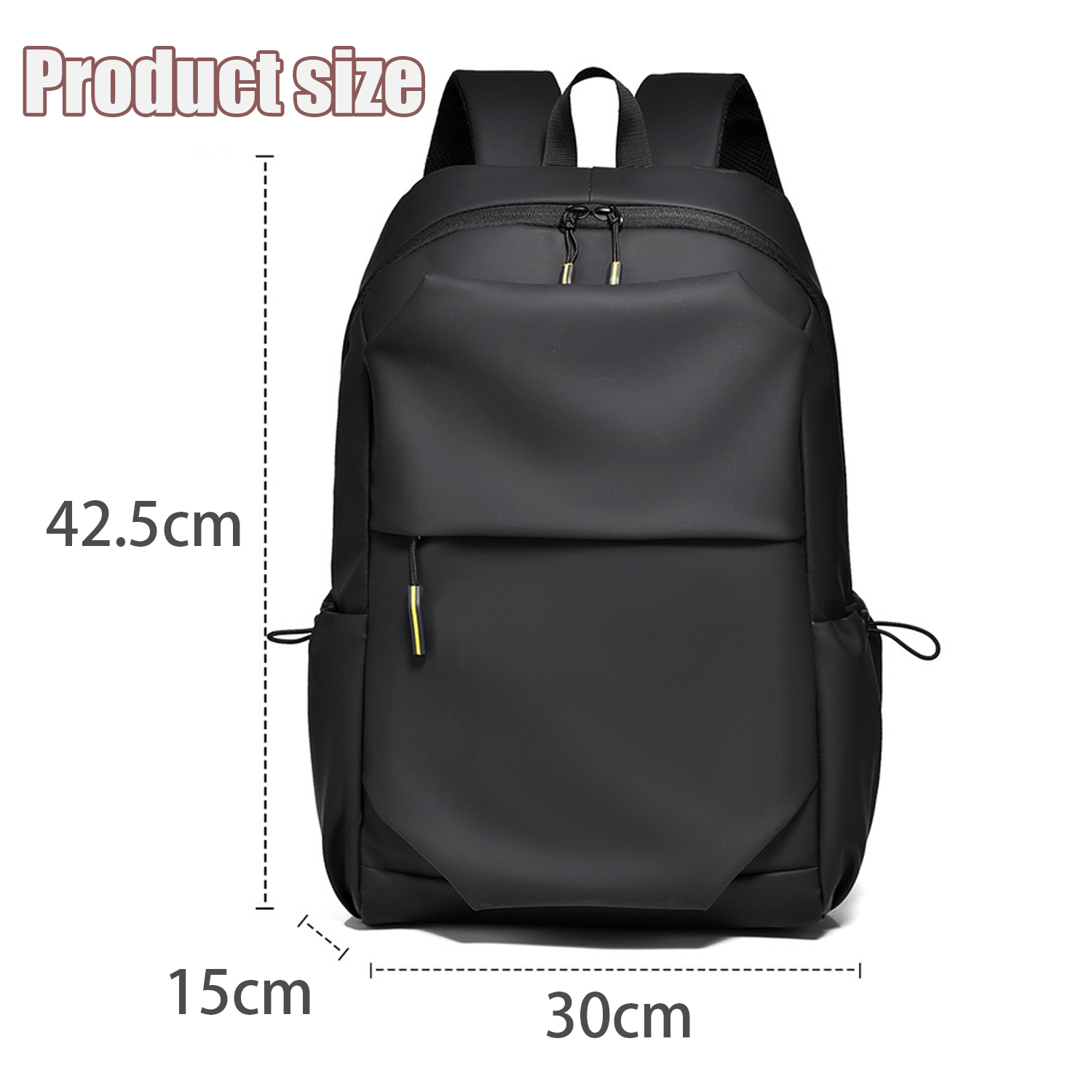 Ein schwarzer Rucksack mit den Maßen 42,5 cm Höhe, 30 cm Breite und 15 cm Tiefe.