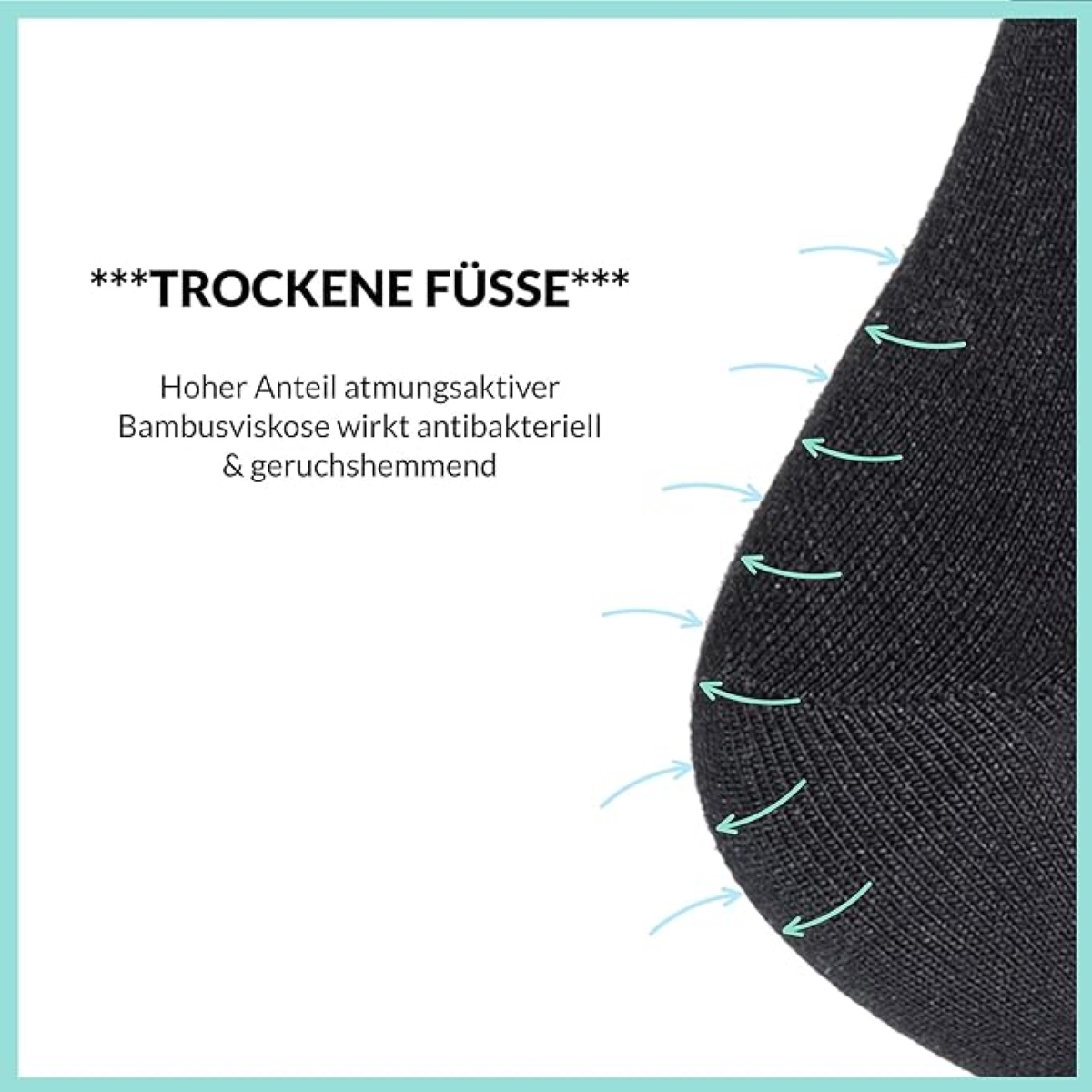 Schwarze Socke mit Text. Der Text ist auf Deutsch und spricht über trockene und antibakterielle Füße.