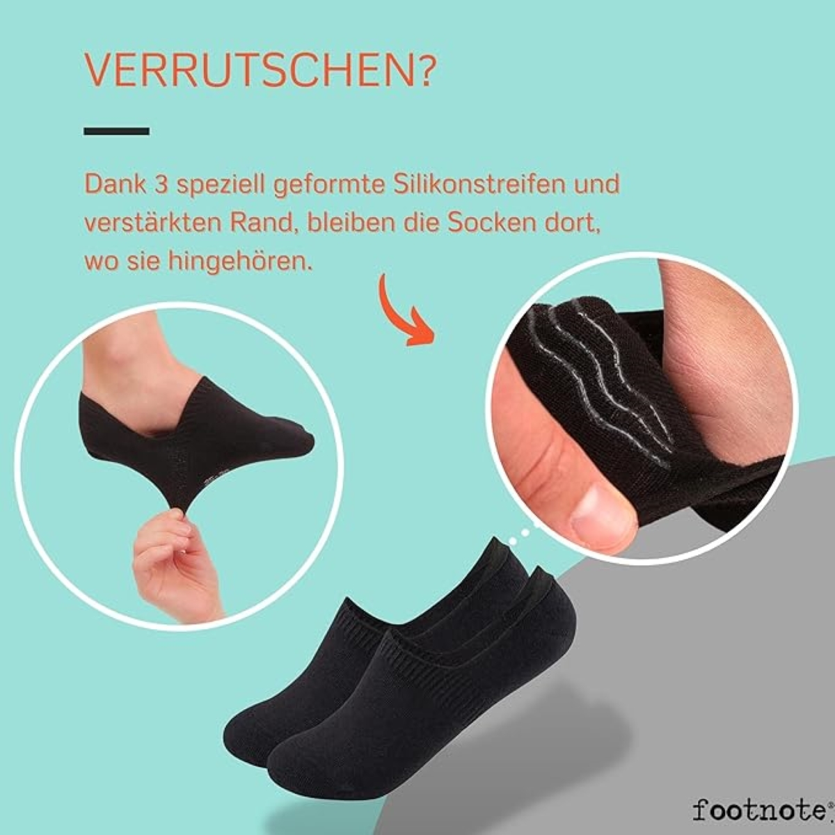 Schwarze Sneaker-Socken und Illustration. Socken mit Silikongriffen, Illustration zeigt Grip-Details.