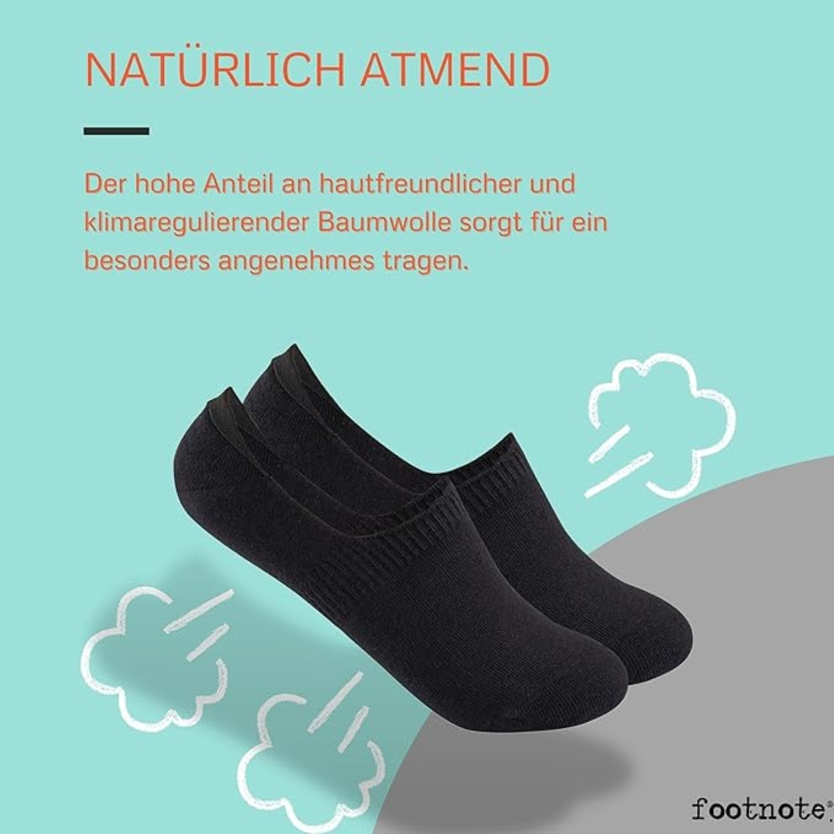 Zwei schwarze Sneaker-Socken mit Textüberlagerung über Atmungsaktivität und Baumwolle.