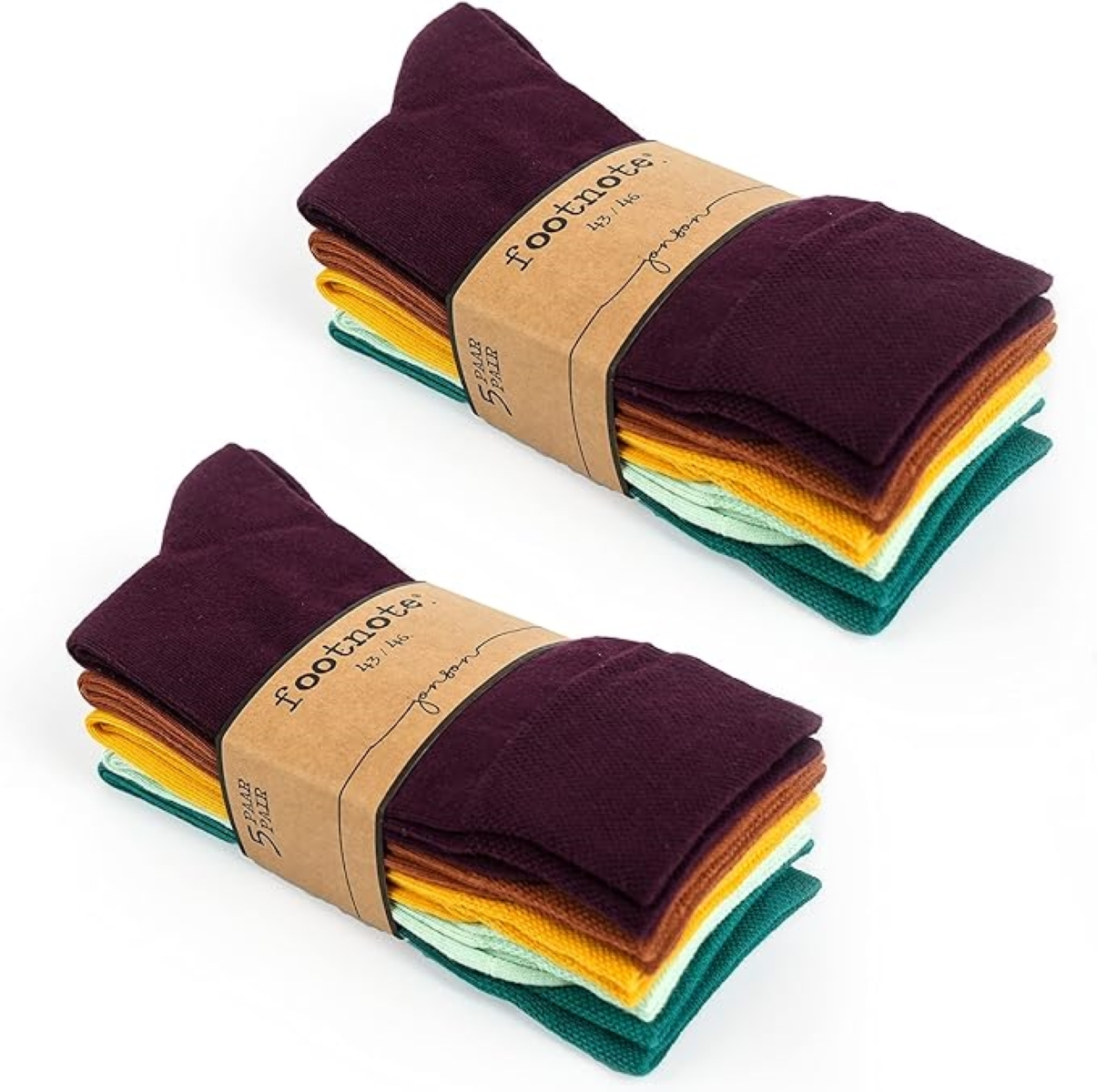 Zwei Paar Socken in verschiedenen Farben, zusammengebunden mit einem braunen Papierband.