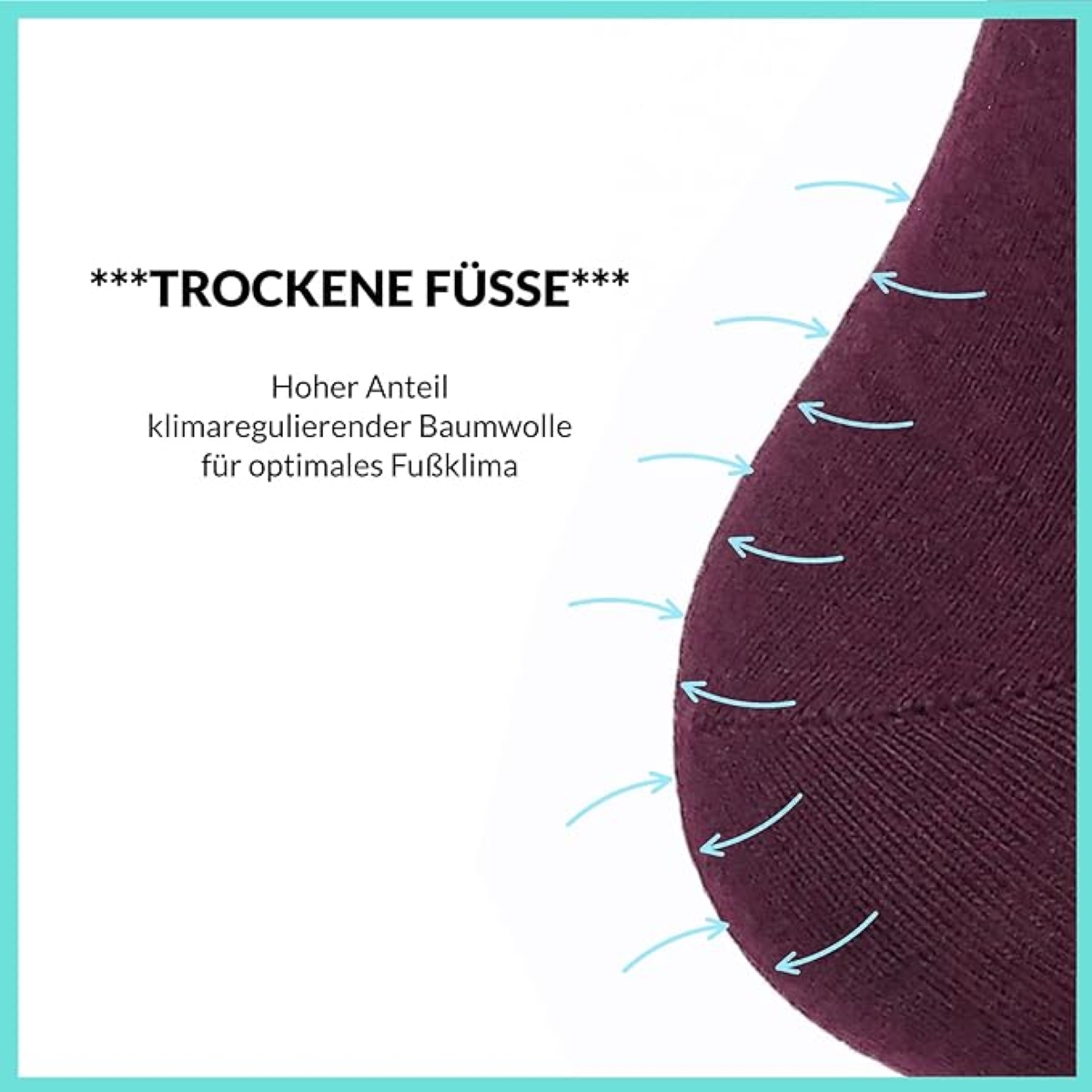 Nahaufnahme einer weinroten Socke, mit Pfeilen, die den Luftstrom anzeigen. Text: Trockene Füße.