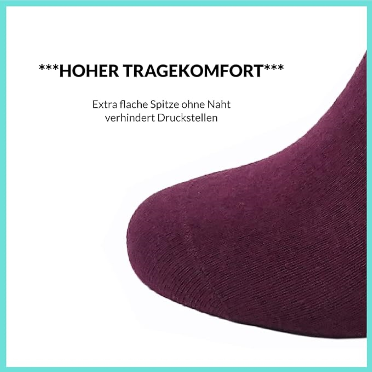 Nahaufnahme der Zehenpartie einer Socke in Dunkelrot, mit Fokus auf das flache, nahtlose Design.