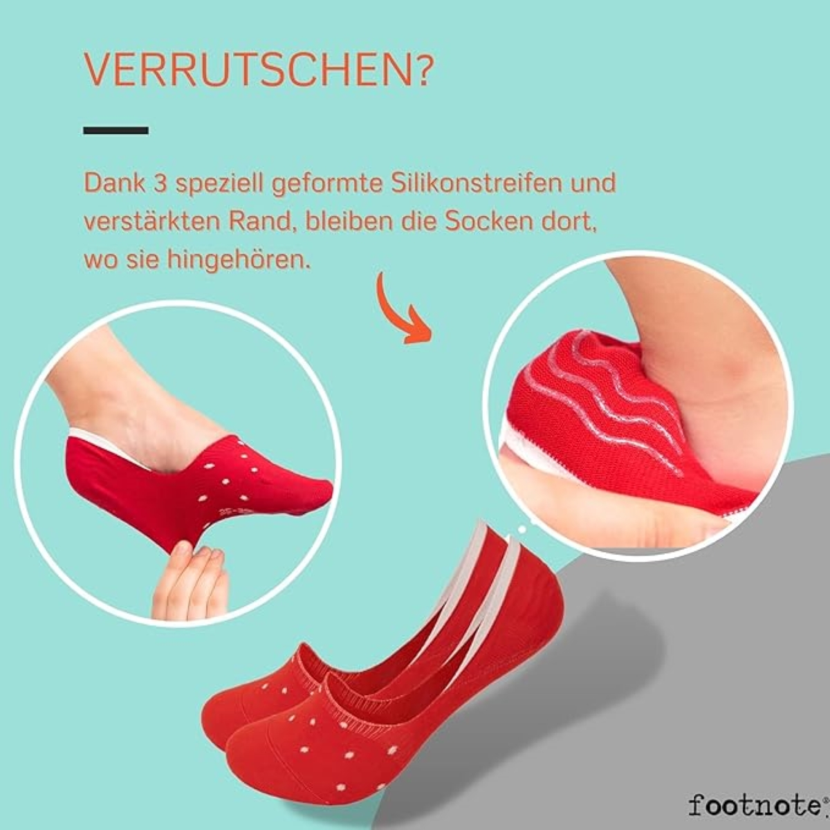 Rote, gepunktete, unsichtbare Socken. Bild zeigt Socke am Fuß und Beschreibung.