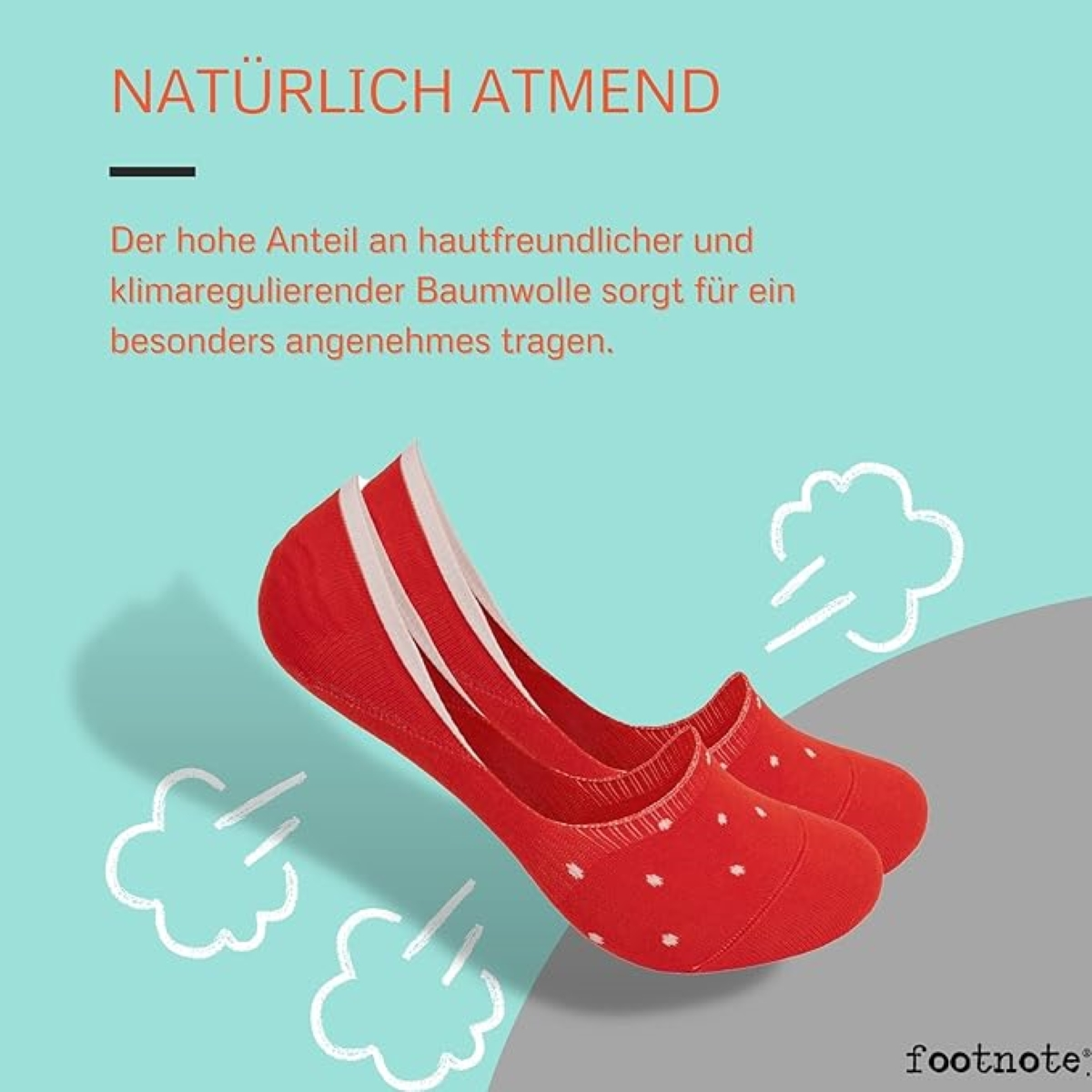 Zwei rote Füßlinge mit weißen Punkten. Auf der linken Seite ist eine weiße Dampfgrafik.