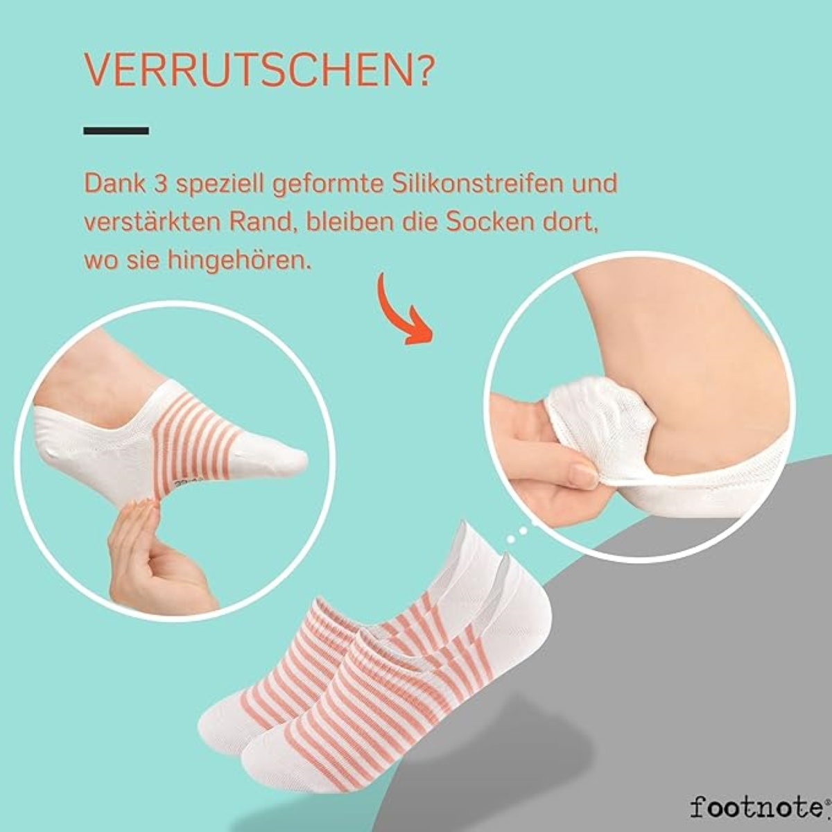 Diagramm, das zeigt, wie Socken mit Silikonstreifen und verstärkten Rändern an Ort und Stelle bleiben.