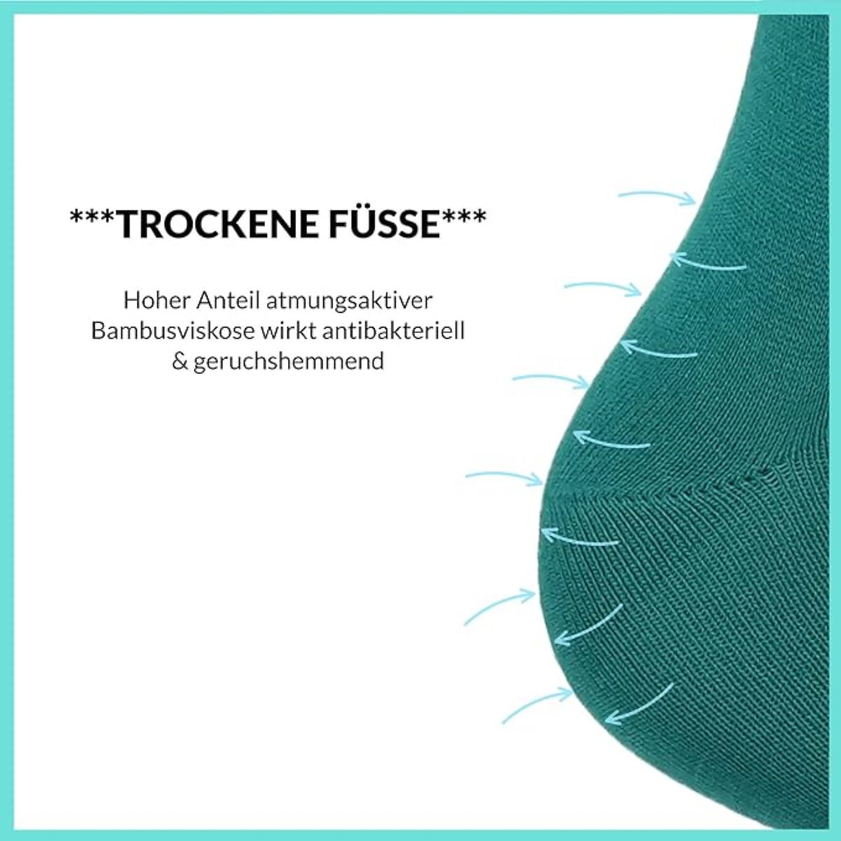 Nahaufnahme einer türkisfarbenen Socke mit Text über trockene Füße und antibakterielles, atmungsaktives Material.
