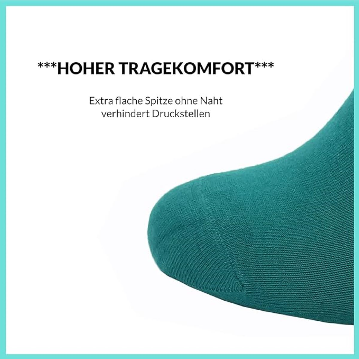 Grüne Socke mit weißem Rand. Text: Extra flache Spitze ohne Naht, verhindert Druckstellen.