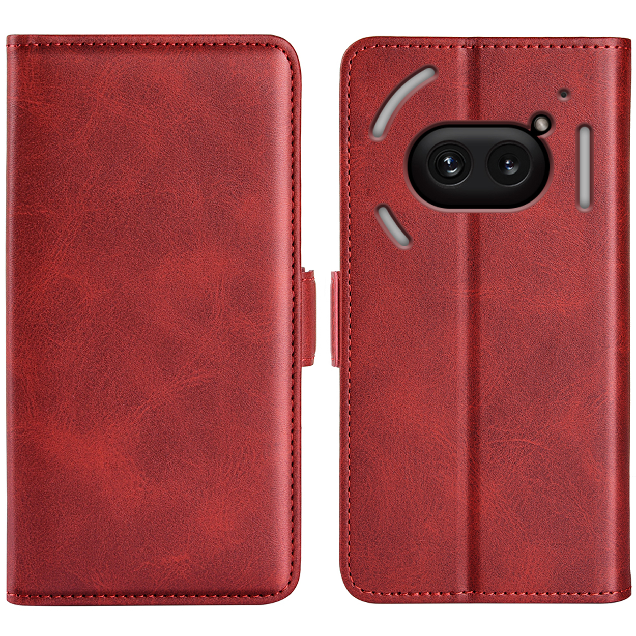 Un étui de téléphone en cuir rouge, ouvert et fermé. A une découpe pour la caméra et une fermeture magnétique.
