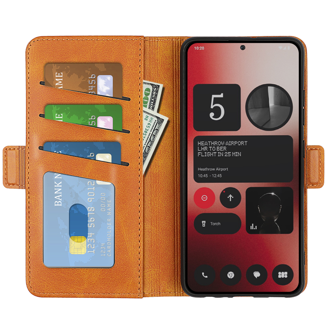 Étui de téléphone marron ouvert avec cartes, argent et téléphone avec écran.