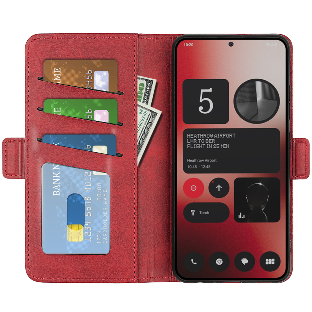 Étui portefeuille de téléphone rouge ouvert, révélant cartes, argent et un téléphone affichant un écran de vol.