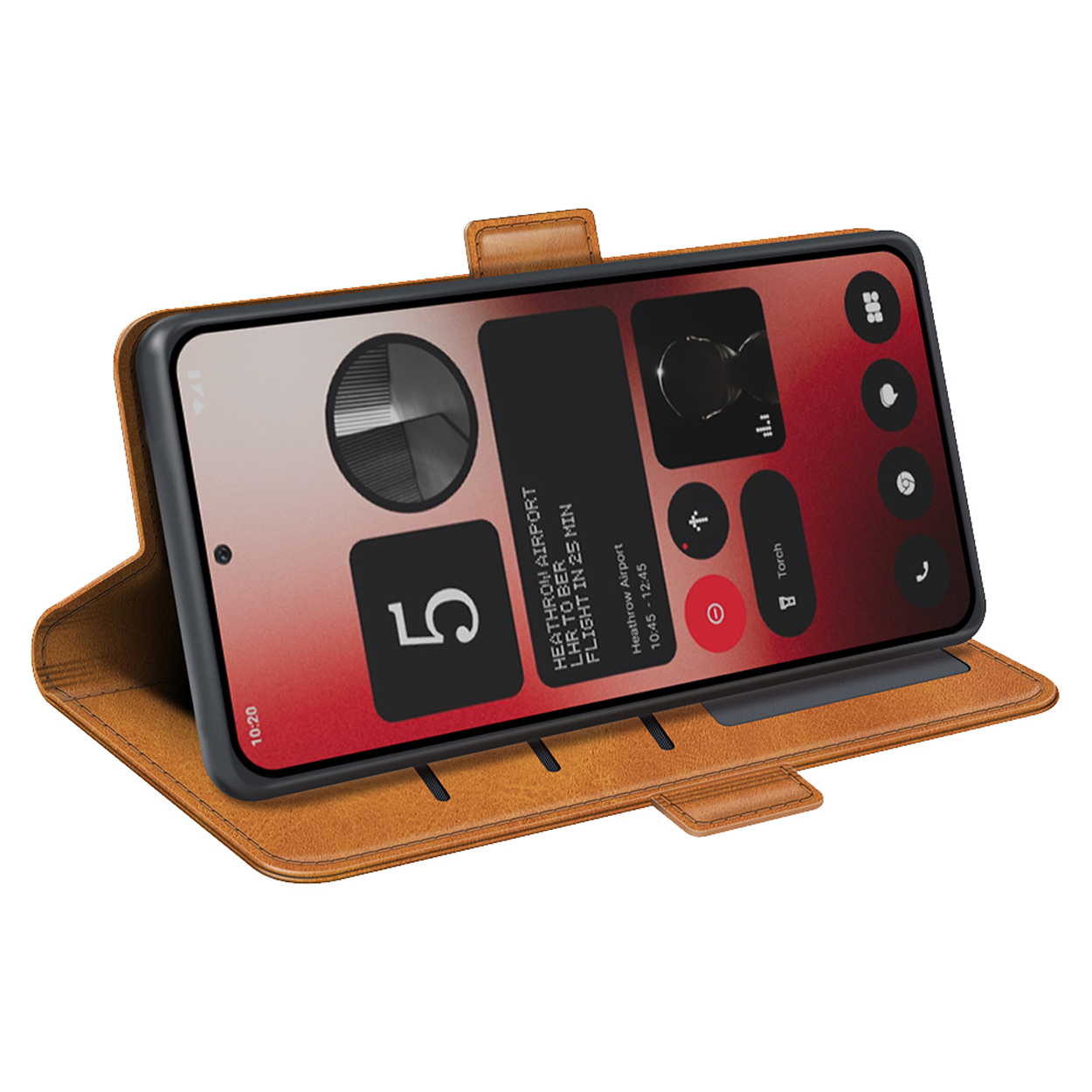 Un téléphone dans un étui en cuir marron, affichant un écran d'état de vol sur fond rouge.