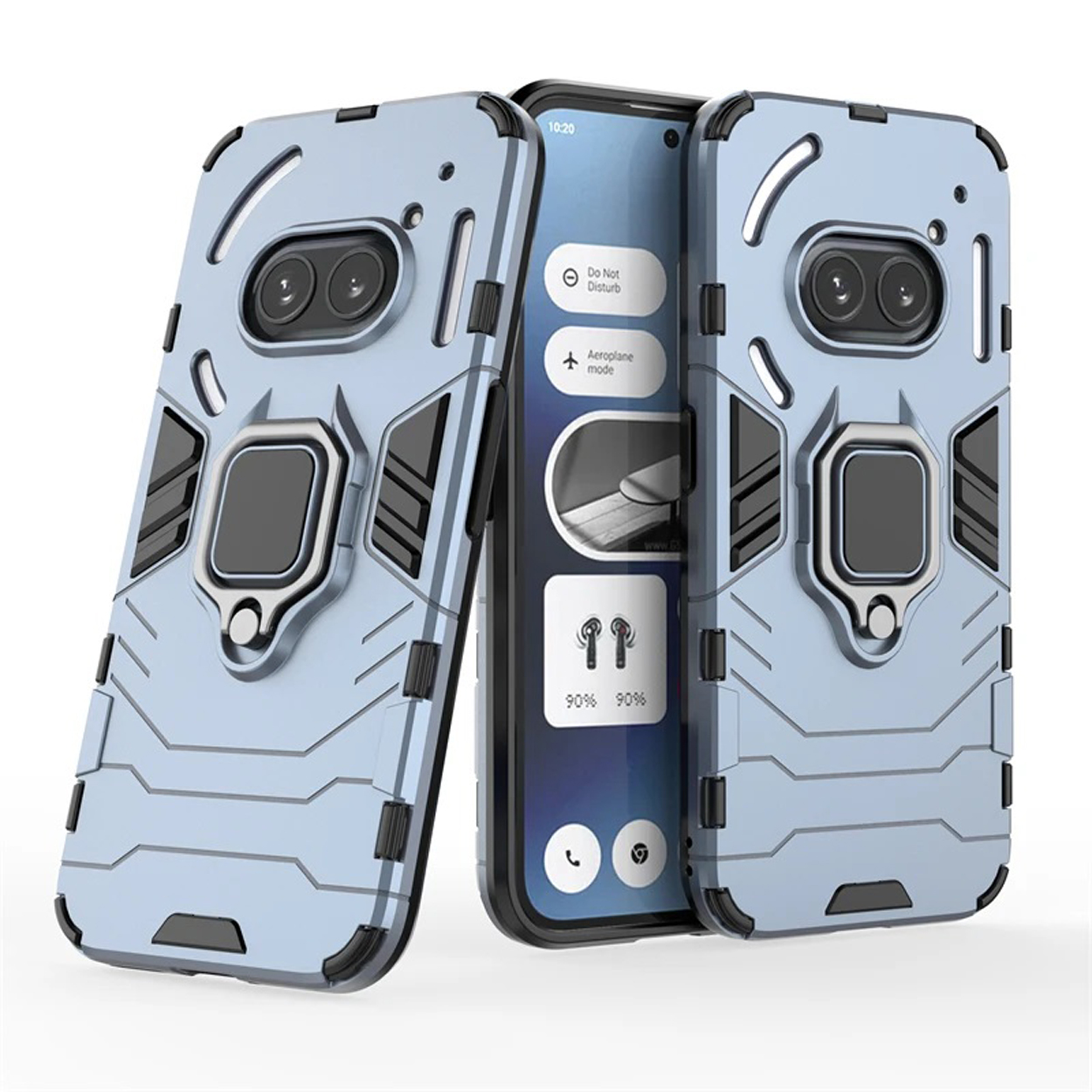 Drie lichtblauwe telefoonhoesjes, één met een telefoon erin. De hoesjes hebben zwarte accenten en een ringhouder.