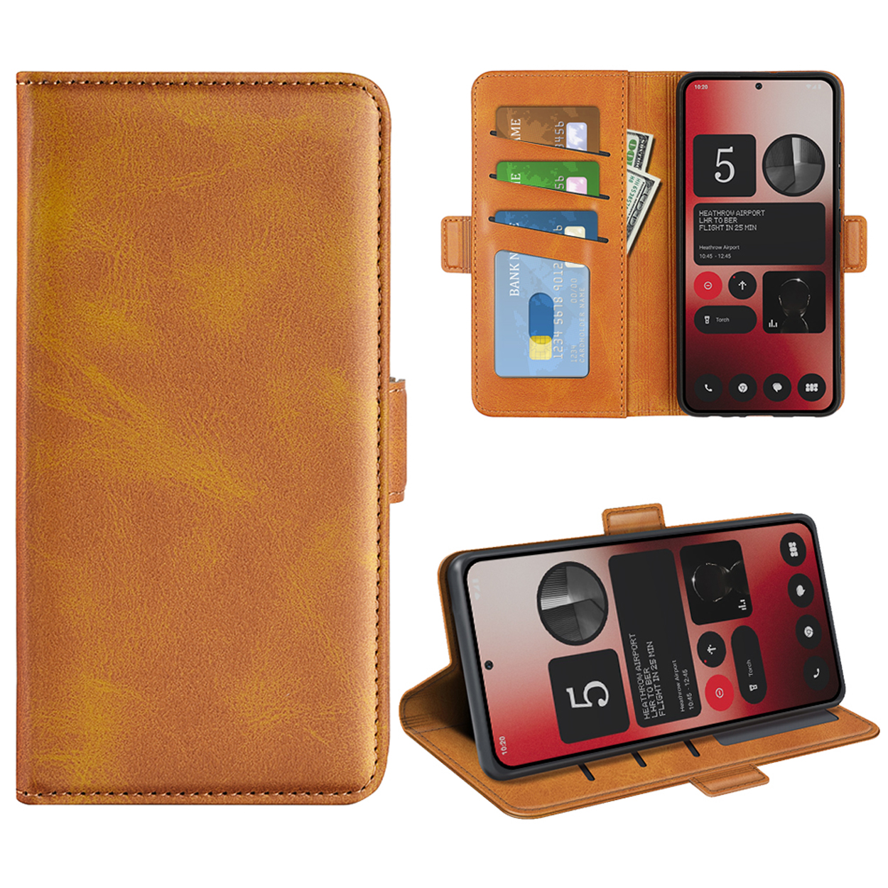 Étui de téléphone marron avec un téléphone et des cartes à l'intérieur. Un téléphone avec interface est visible.
