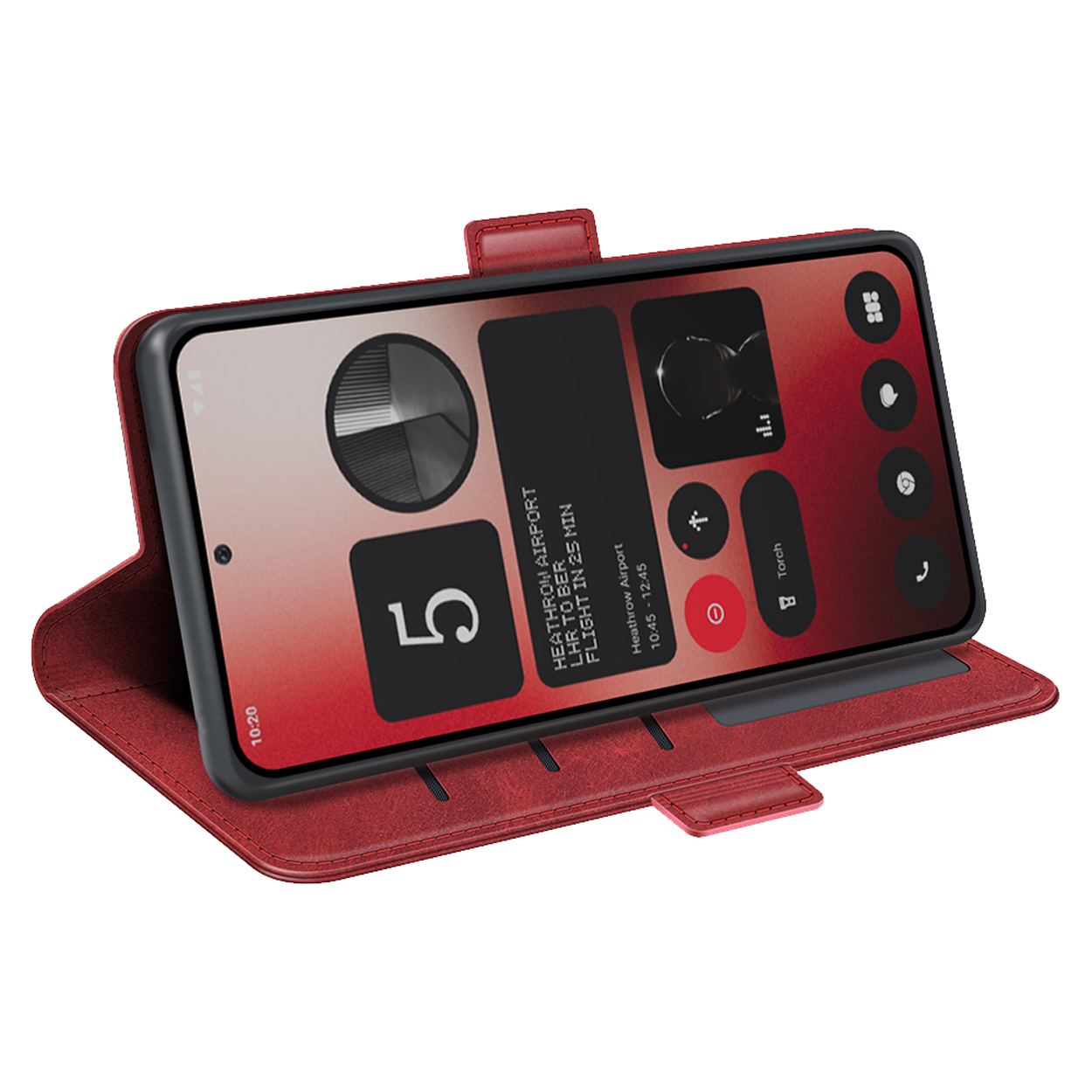 Un étui de téléphone rouge ouvert, montrant un écran de téléphone avec des informations de vol.