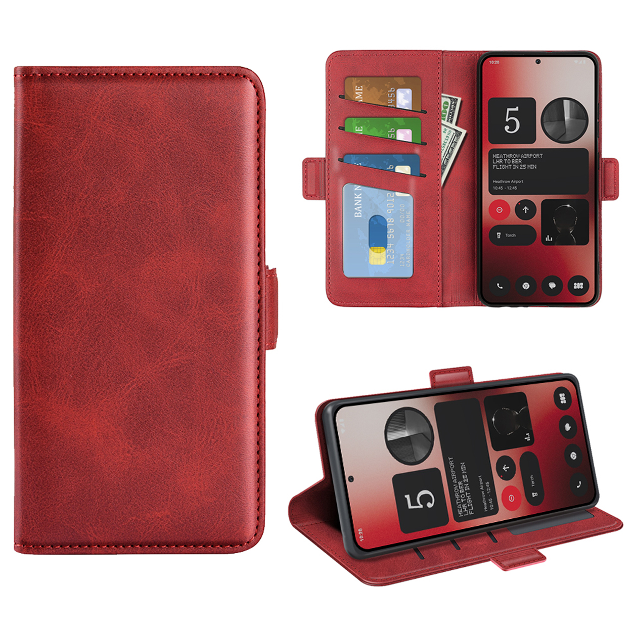 Étui portefeuille rouge pour téléphone avec cartes et argent à l'intérieur, et un téléphone affiché.
