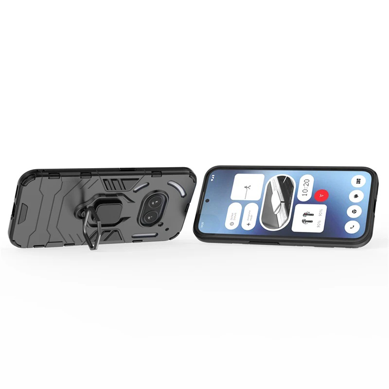 Twee telefoonhoesjes; één toont het scherm van de telefoon, de andere is de achterkant. Beide zijn zwart.
