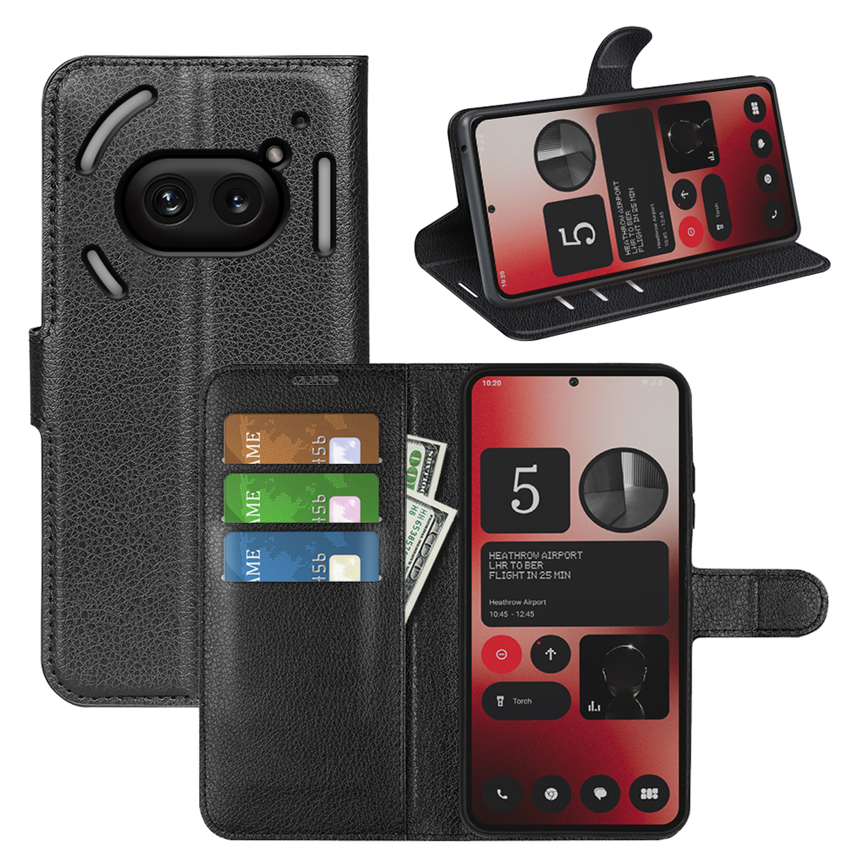Coque de téléphone noire avec un téléphone affichant une application de voyage, tenant des cartes et de l'argent, sur fond blanc.