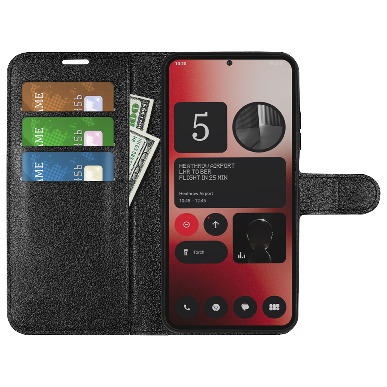 Étui de téléphone noir ouvert, montrant cartes de crédit, argent et écran avec infos de vol.