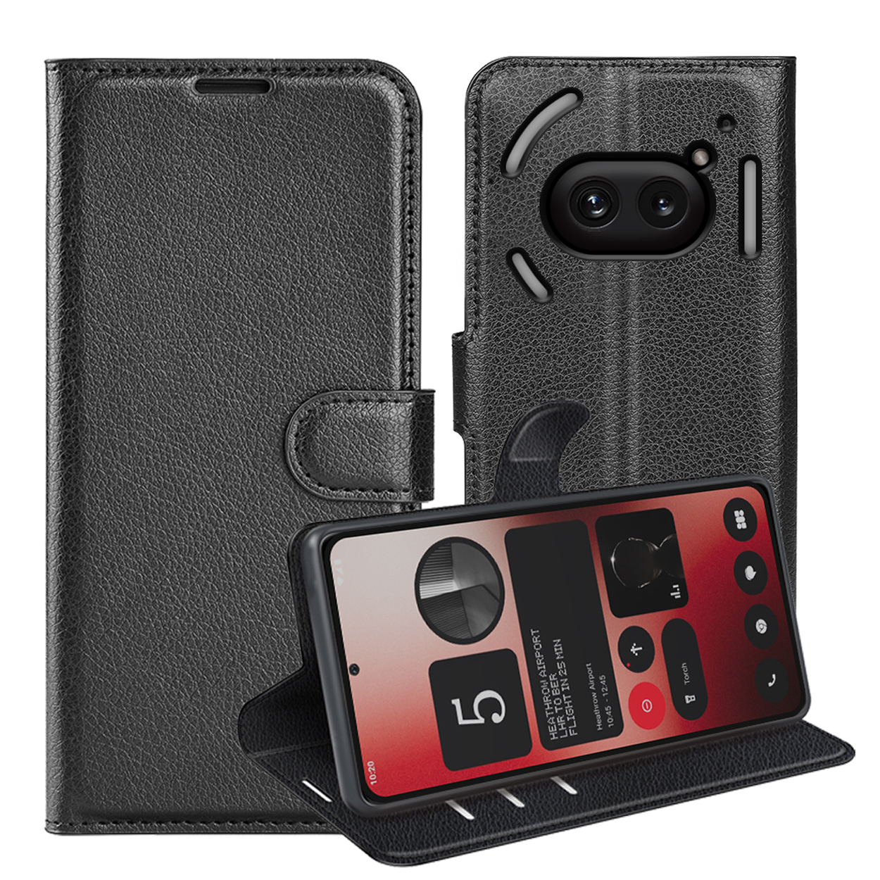 Étui de téléphone en cuir noir avec un téléphone affichant un écran d'informations de vol.