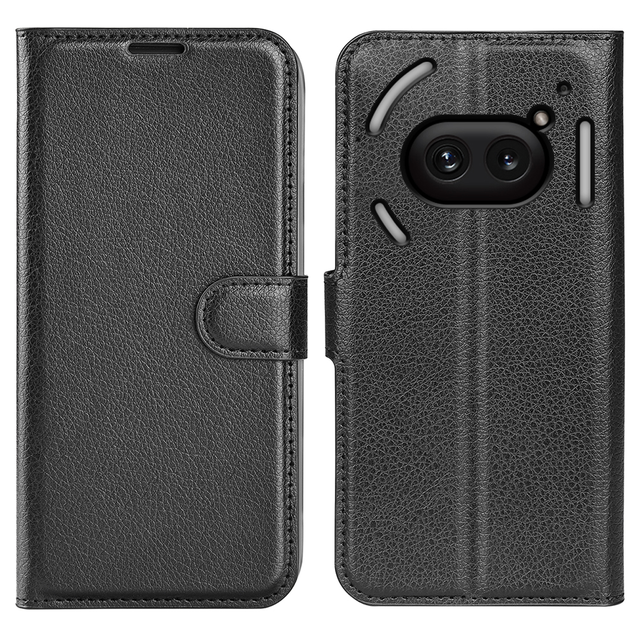 Étui de téléphone noir fermé, montrant l'avant et l'arrière, avec un bouton et une découpe pour l'appareil photo.