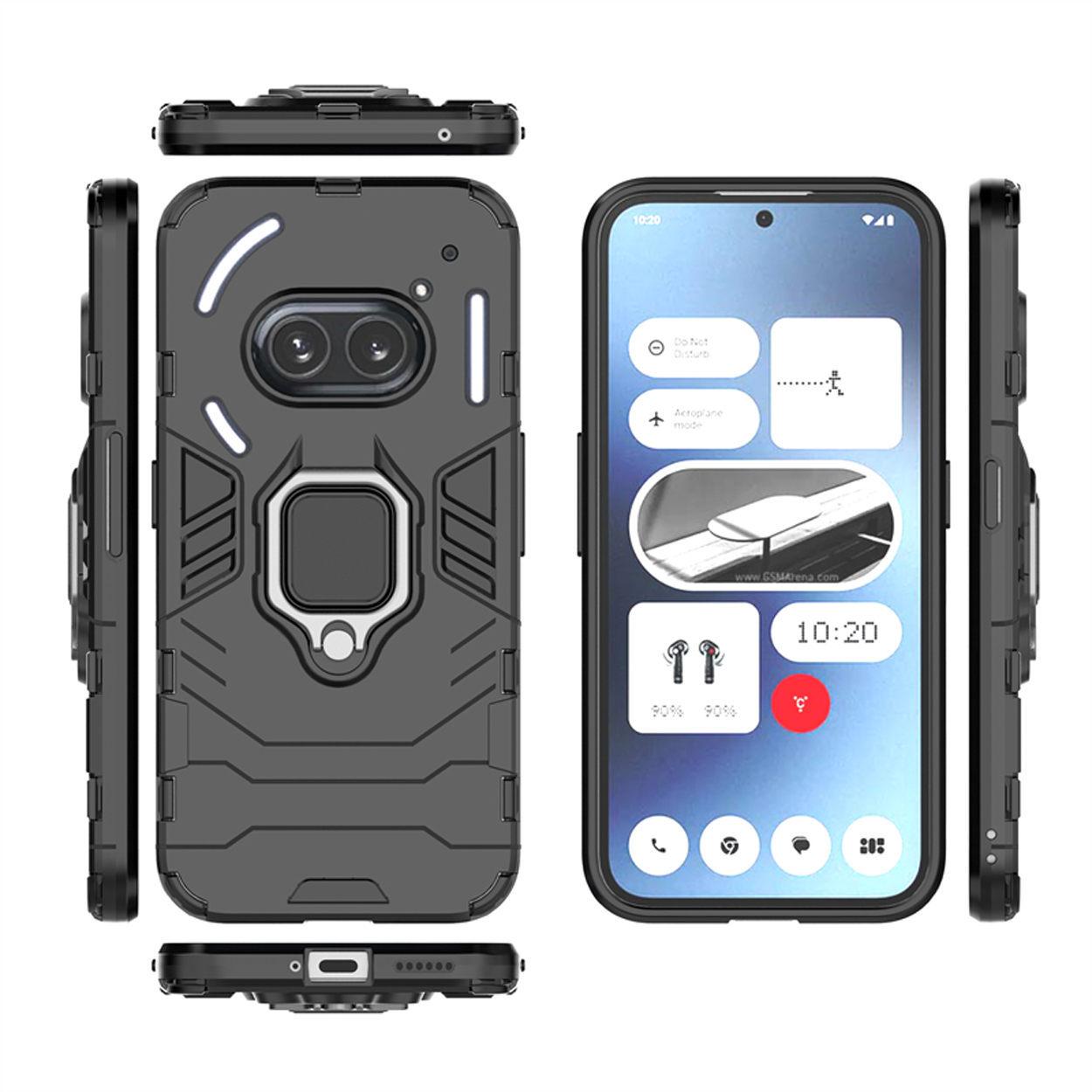 Een zwarte telefoonhoes met een ringhouder en camerabescherming. Vanuit meerdere hoeken bekeken.
