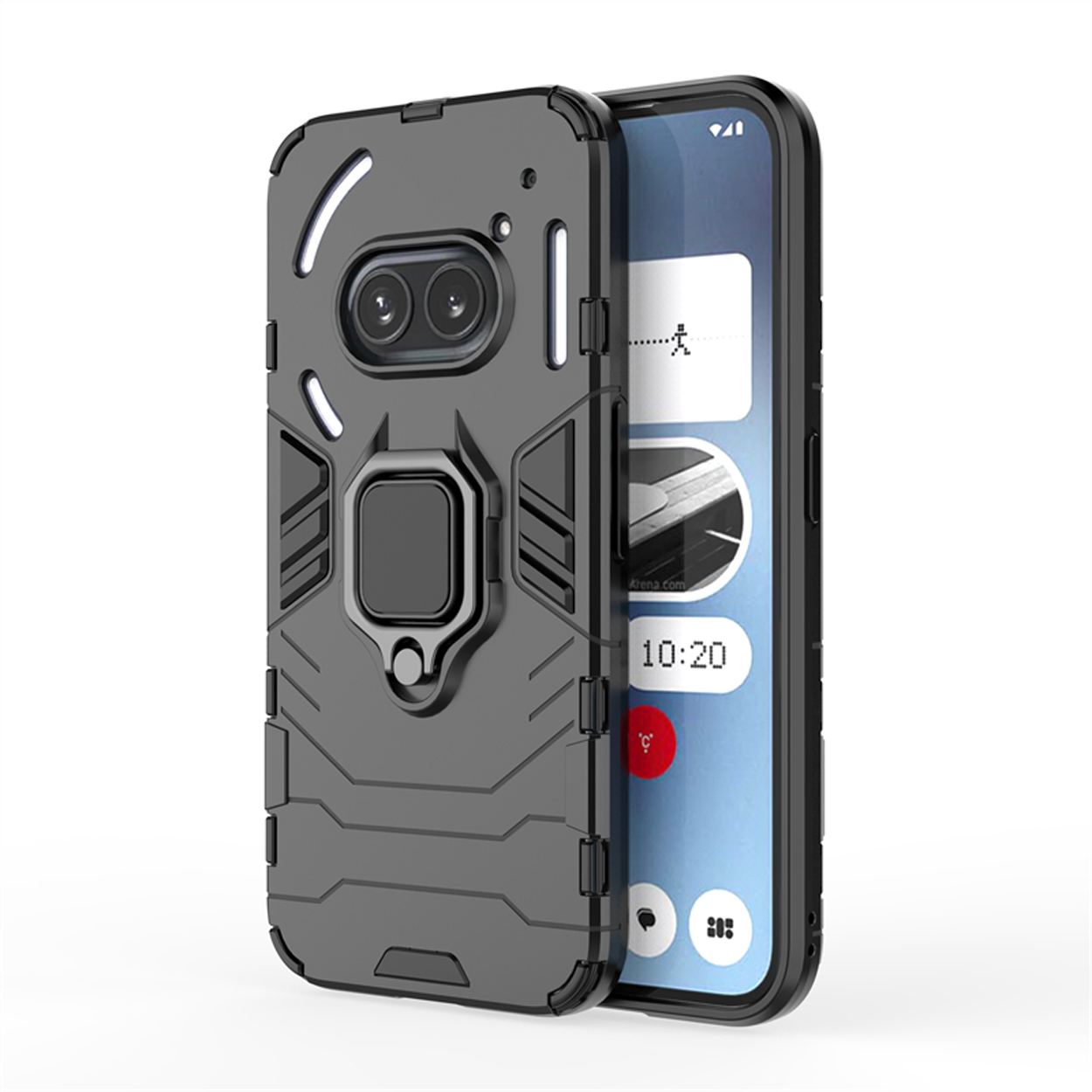 Een grijze telefoonhoes met een telefoon, met een telefoonscherm.