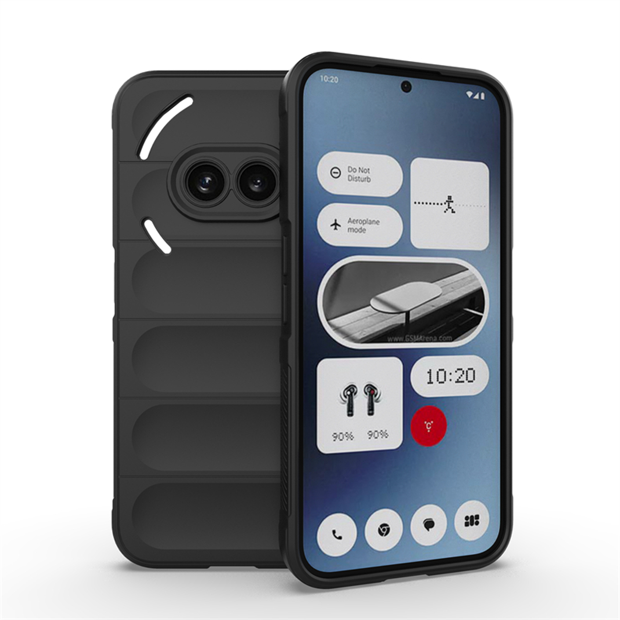 Zwarte telefoonhoes met de telefoon met het startscherm, op witte achtergrond.