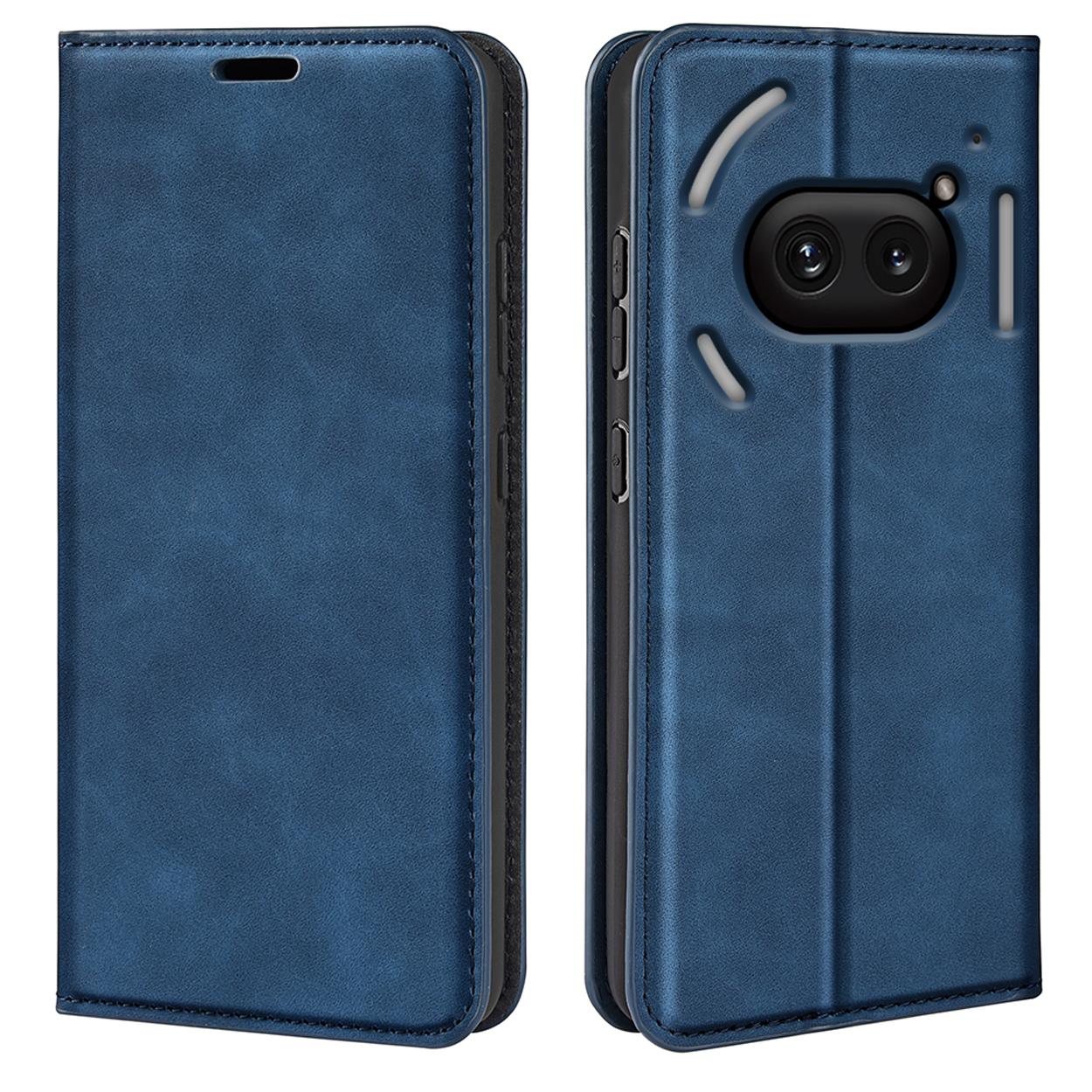 Blauw telefoonhoesje, voor- en achteraanzicht.