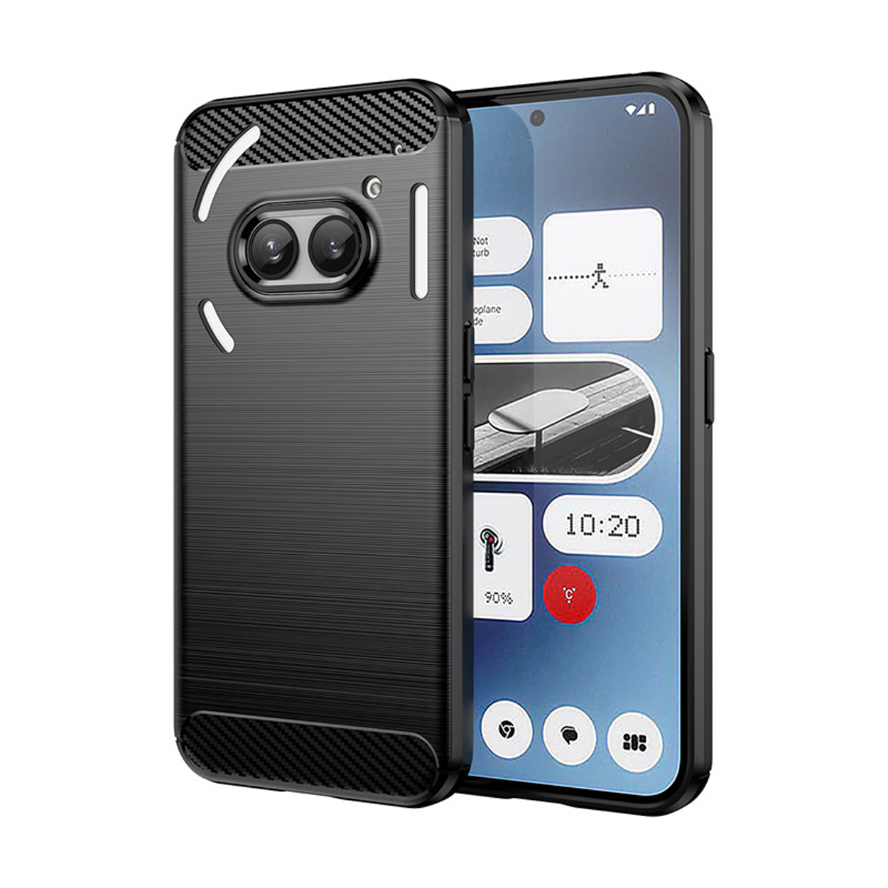 Een zwarte telefoonhoes met een telefoon, met een telefoonscherm.
