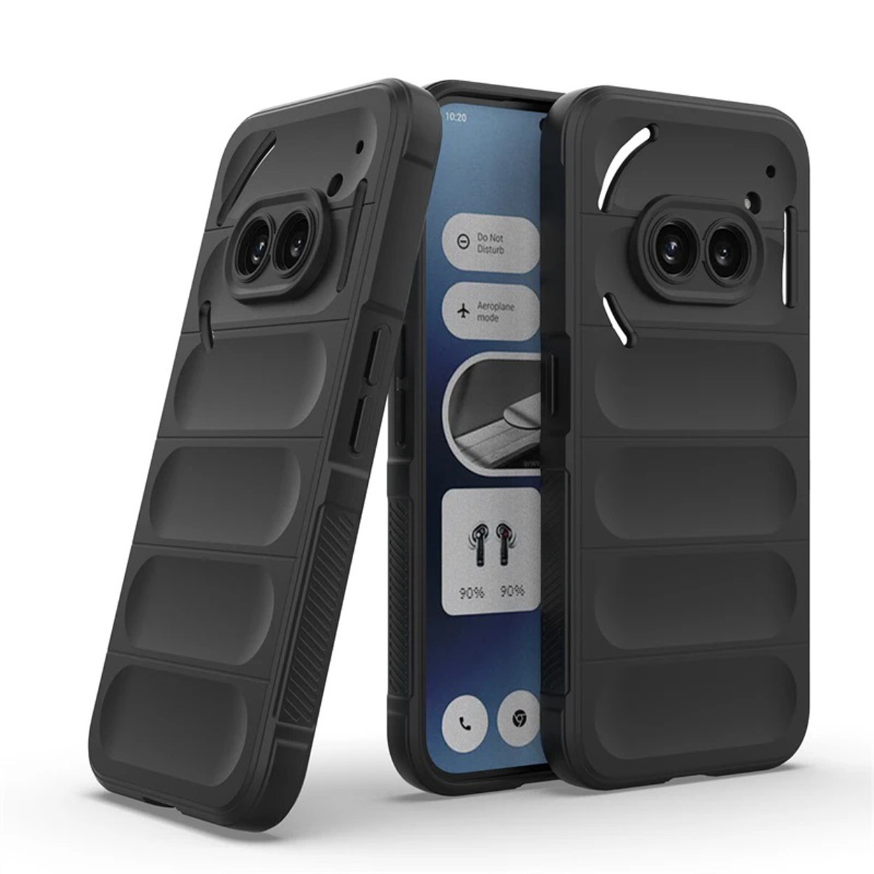 Twee zwarte telefoonhoesjes, één met telefoon, toont scherm. Beide hebben camera-uitsparing.