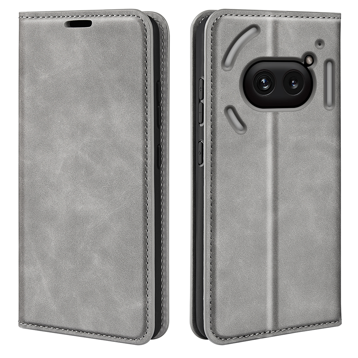 Een grijze telefoonhoes open, de achterkant van een telefoon met camera tonend.