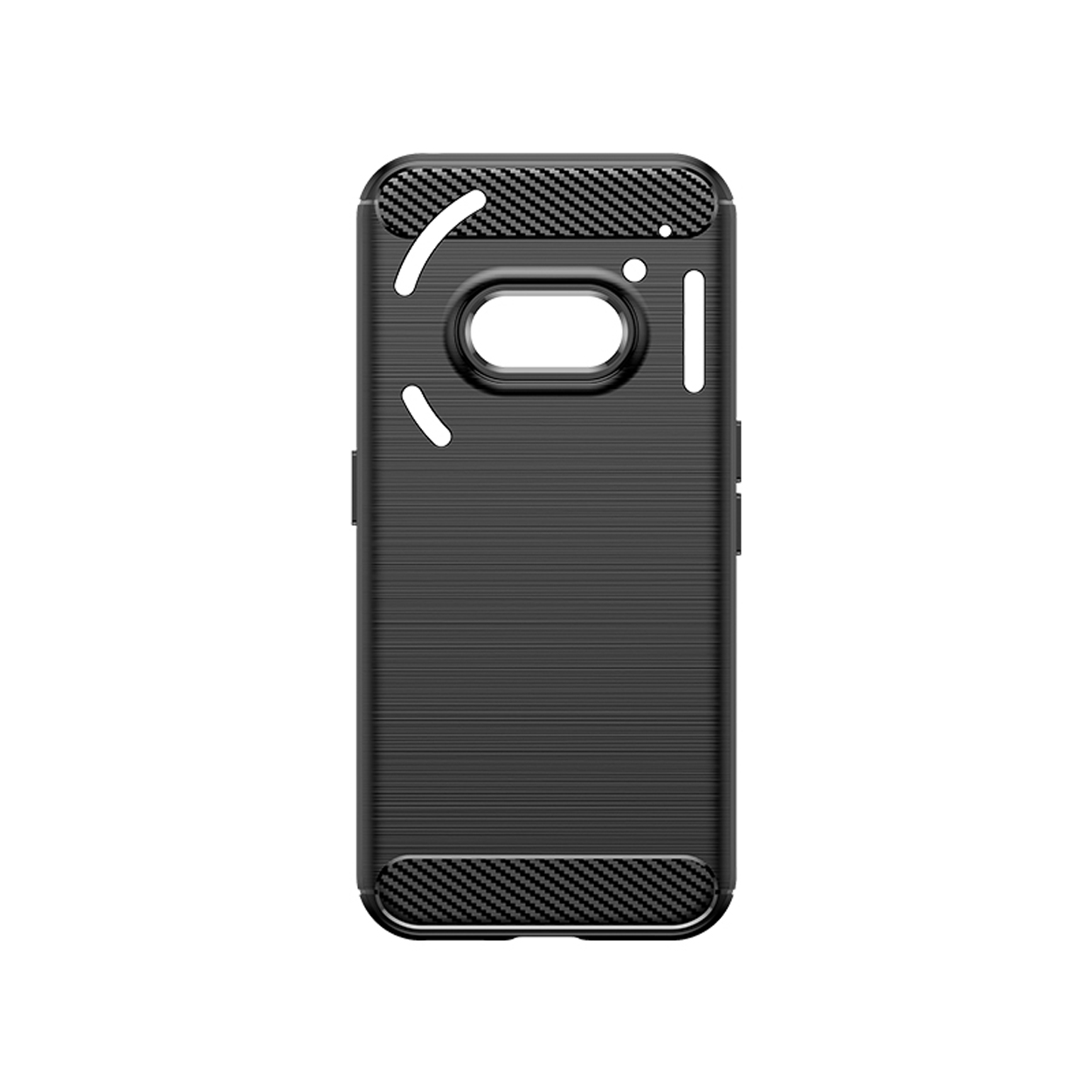 Zwarte telefoonhoes met een getextureerd oppervlak. Het heeft uitsparingen voor camera en knoppen.