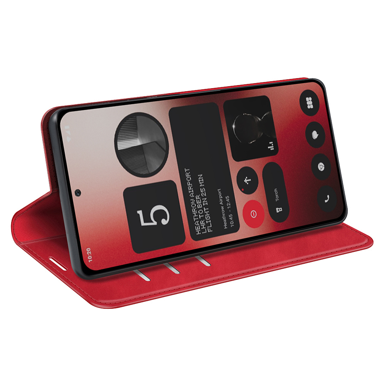 Rode telefoonhoes met een telefoon die vluchtgegevens weergeeft.