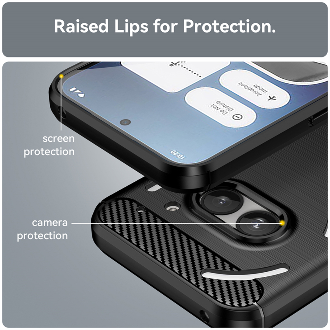 Gros plan d'une coque de téléphone avec un téléphone à l'intérieur. Montre les détails de protection de l'écran et de la caméra.